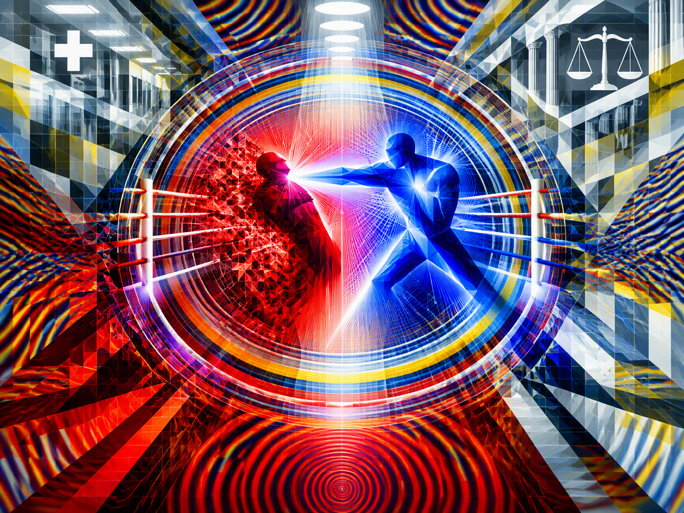 Abstract chromatic op art scene with radiant concentric rings symbolizing a boxing ring, two abstract humanoid figures in red and blue representing Jimmy Doyle fading and Sugar Ray Robinson striking, with fractured luminous shapes around suggesting a hospital and legal tension, all in vibrant, glowing colors and vibrating patterns evoking tragic consequence and unresolved legal charge.