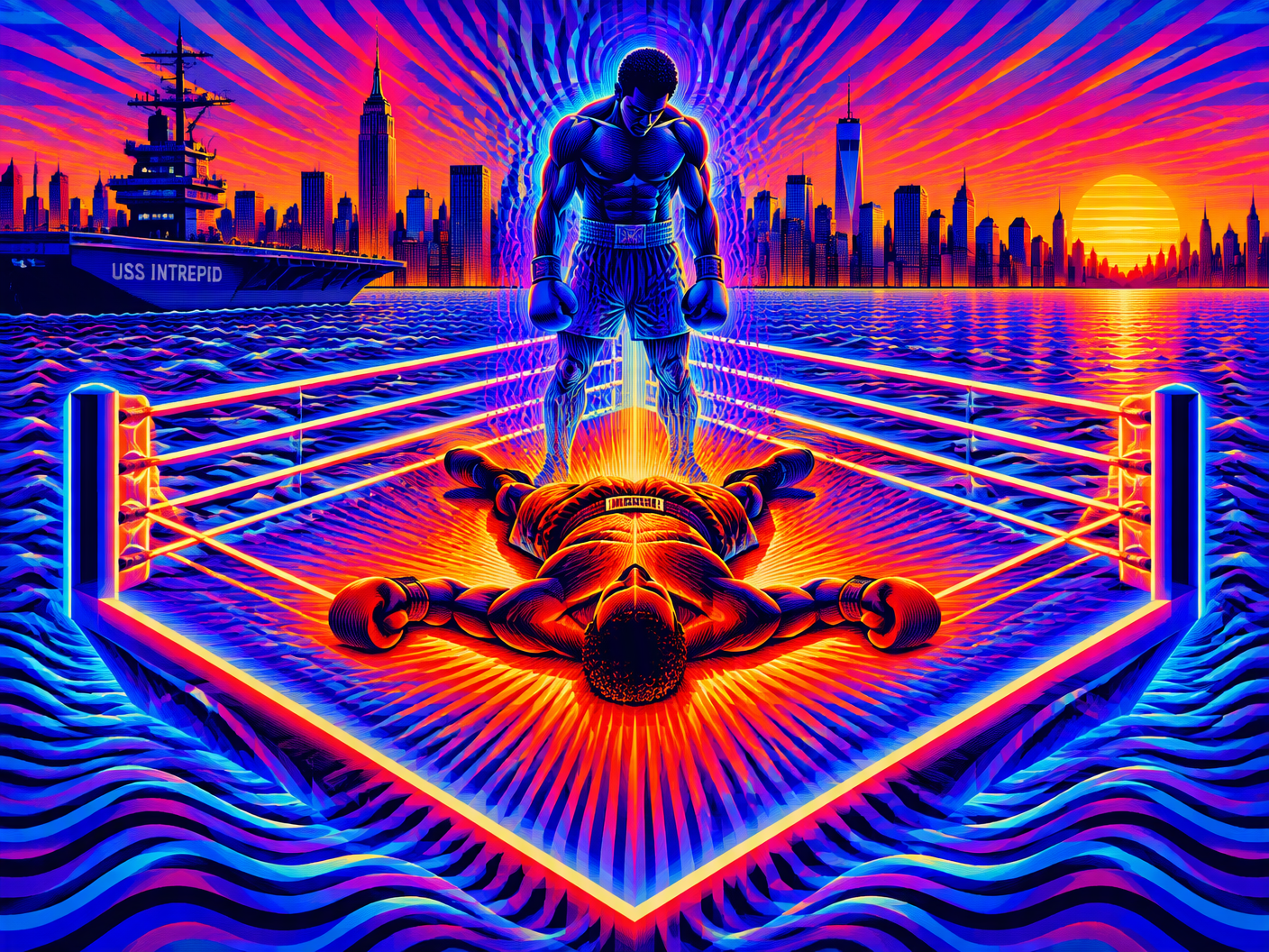 Abstract chromatic op art image depicting the final boxing match between Bee Scottland and George Khalid Jones aboard the USS Intrepid. Radiant geometric shapes form a glowing boxing ring with a collapsing figure symbolizing Scottland in warm reds and oranges, opposed by a cooler-toned figure embodying Jones. The background features a stylized Manhattan skyline and sunset gradient, evoking the fight’s tragic and emotional impact.