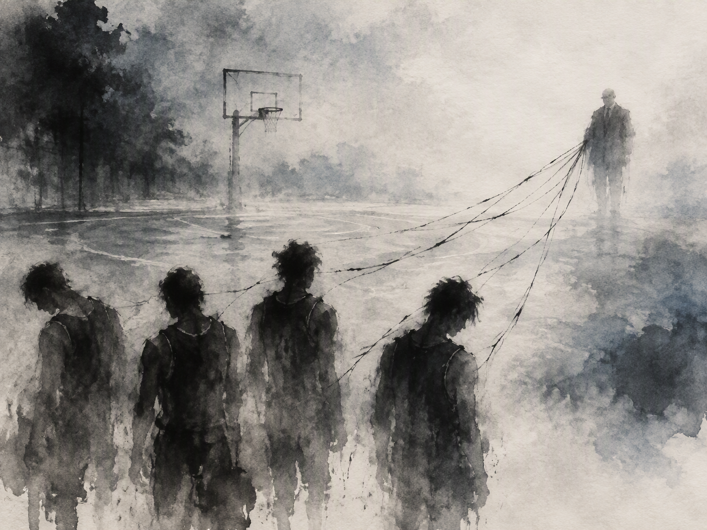 Ink wash expressionist painting of an empty basketball court shrouded in mist, with faint ghostly figures symbolizing players and a blurred figure representing Ed Martin, using calligraphic brushwork and negative space to convey secrecy and absence.