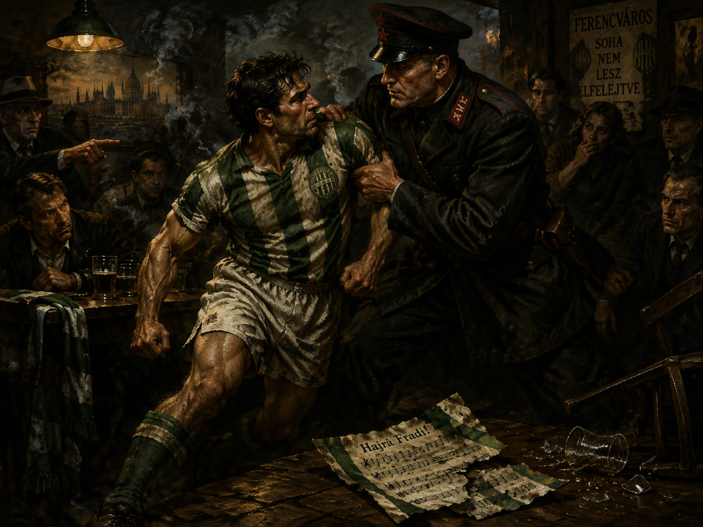 Baroque painting of Ferenc Deák in a tense, shadowy Budapest pub, locked in a dramatic confrontation with a stern ÁVH officer, surrounded by fearful onlookers; torn musical notes symbolizing the banned Ferencváros anthem lie on the floor amid deep chiaroscuro lighting.