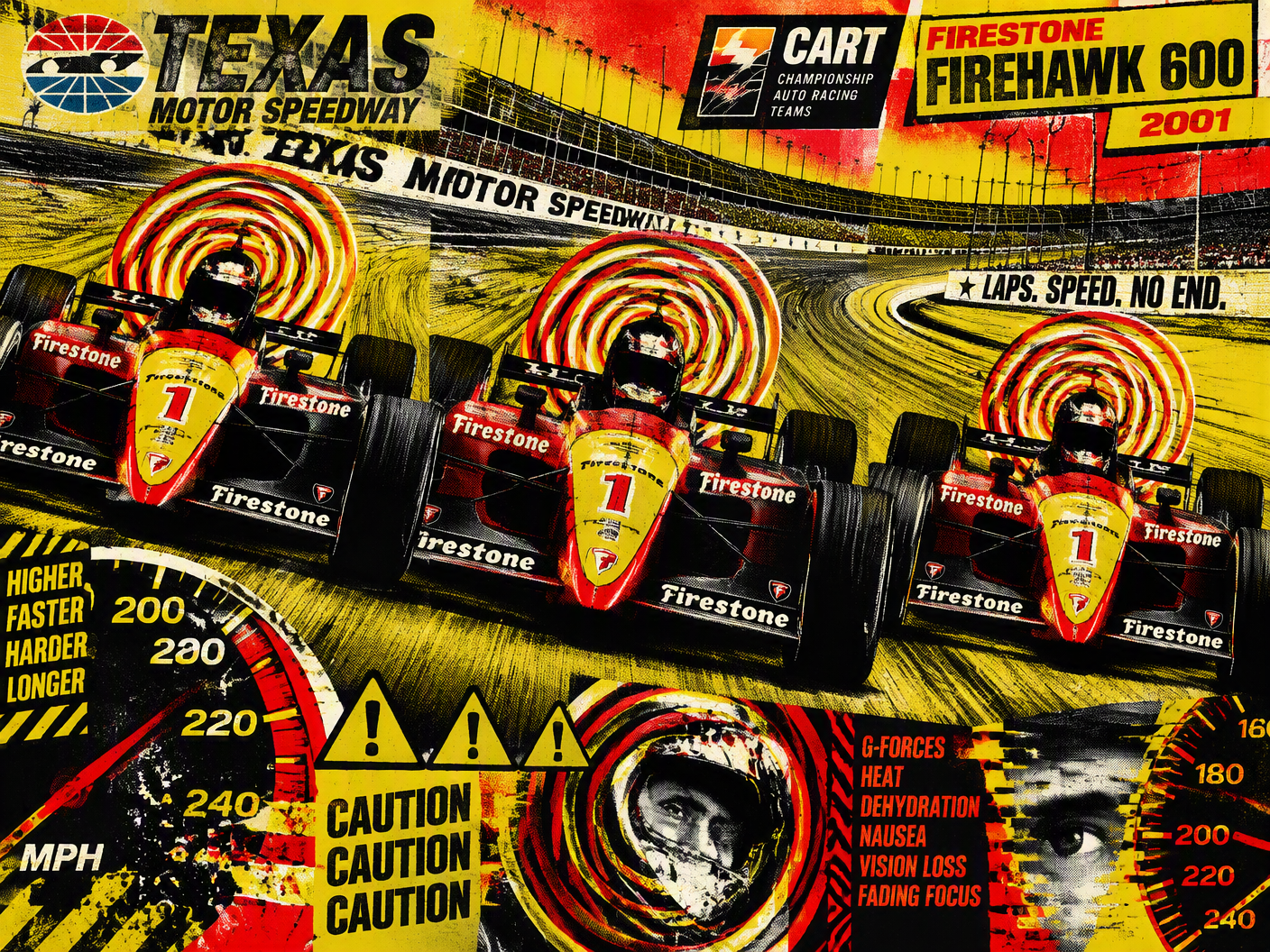 Pop Art style image showing a speeding IndyCar on a steeply banked oval track in repeated panels, with overlapping graphics of a dizzy driver’s helmet and caution symbols, symbolizing the cancellation of the 2001 Texas Motor Speedway race due to driver disorientation and unsafe speeds.