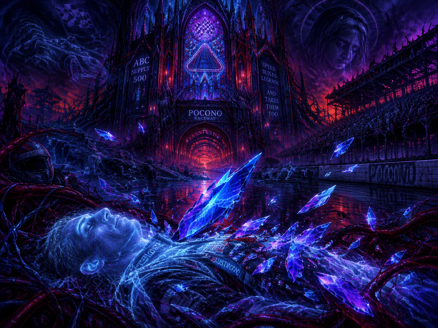 A gothic neon fantasy digital painting of a haunted cathedral-like race track with glowing organic cables and shattered neon debris striking a spectral figure symbolizing Justin Wilson, surrounded by dystopian architecture and swirling neon darkness.