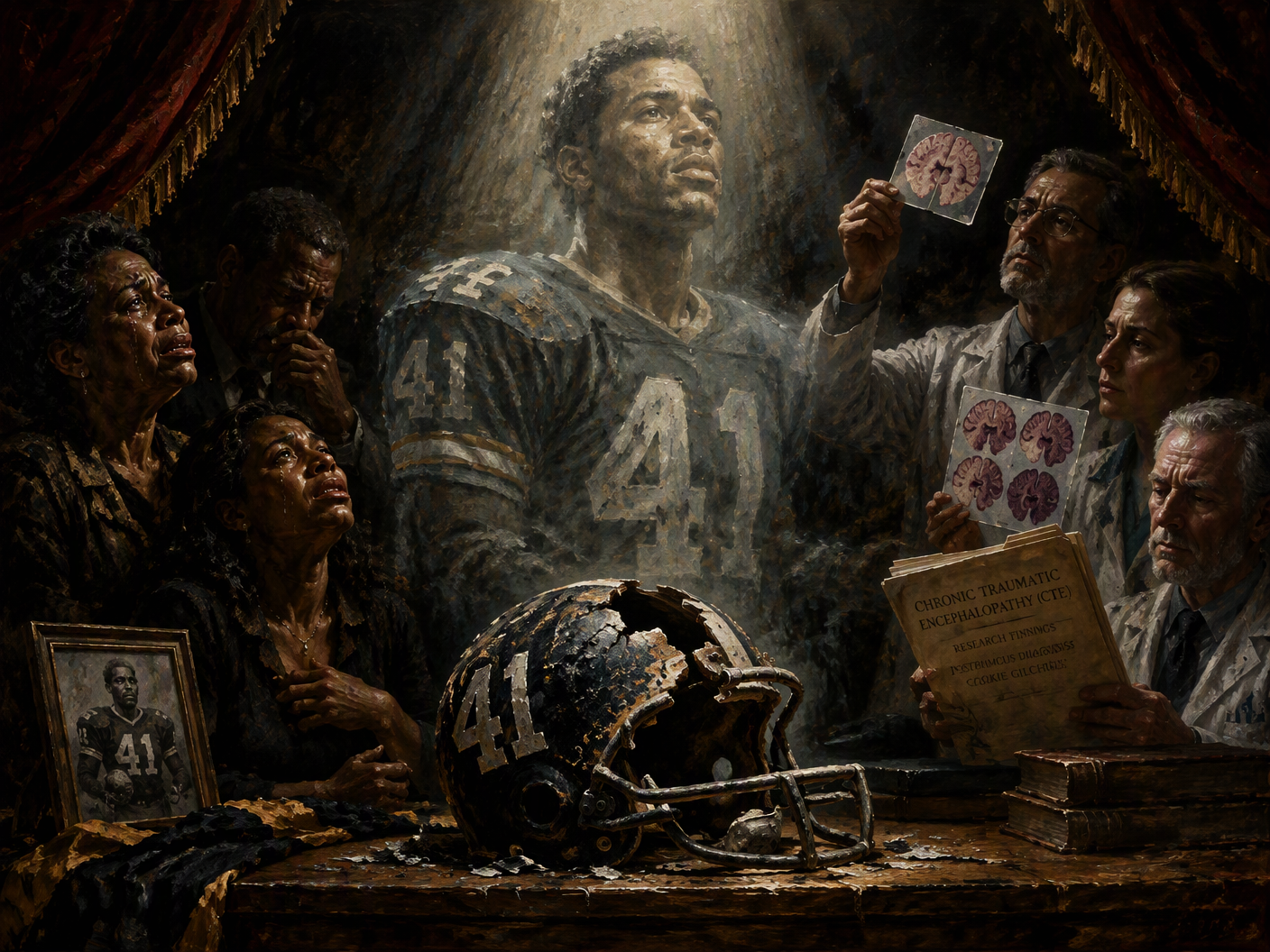 Baroque chiaroscuro painting of Cookie Gilchrist as a ghostly football hero surrounded by mourning family and solemn scientists, dramatic light revealing a broken helmet and brain tissue, symbolizing the tragic cost of CTE and the moral spectacle of his posthumous diagnosis.