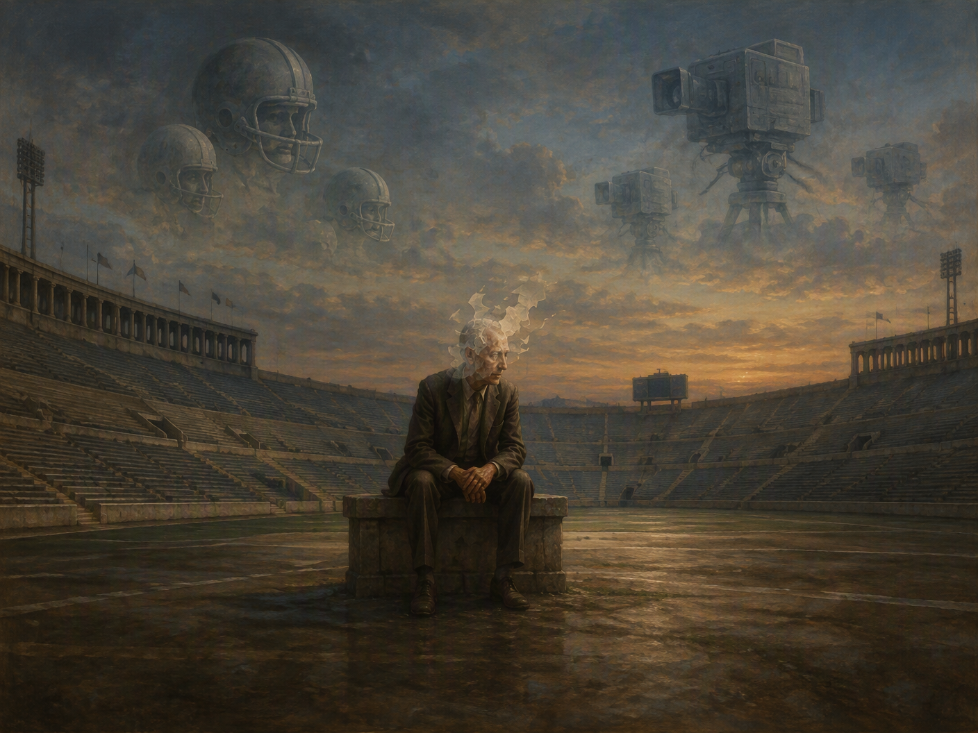 A classical figure with a fragile, translucent head sits alone in a vast, empty stadium at twilight, surrounded by ghostly images of football helmets and old television cameras in muted colors, symbolizing a life marked by athletic achievement, pioneering broadcasting, and hidden brain trauma.