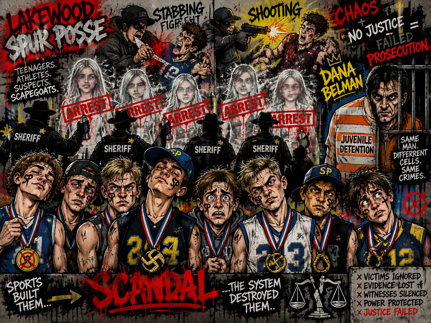 Graffiti-style illustration of nine rough teenage boys in sports gear under looming sheriff officers, ghostly blurred girls symbolizing victims, with scenes of stabbing and shooting in the background. A shadowy figure representing Dana Belman appears half in juvenile detention stripes and half behind bars. The image uses harsh reds, blacks, and neon colors with rough marker and spray-paint textures, capturing the confusion and collapse of justice around the 1993 Lakewood Spur Posse scandal.