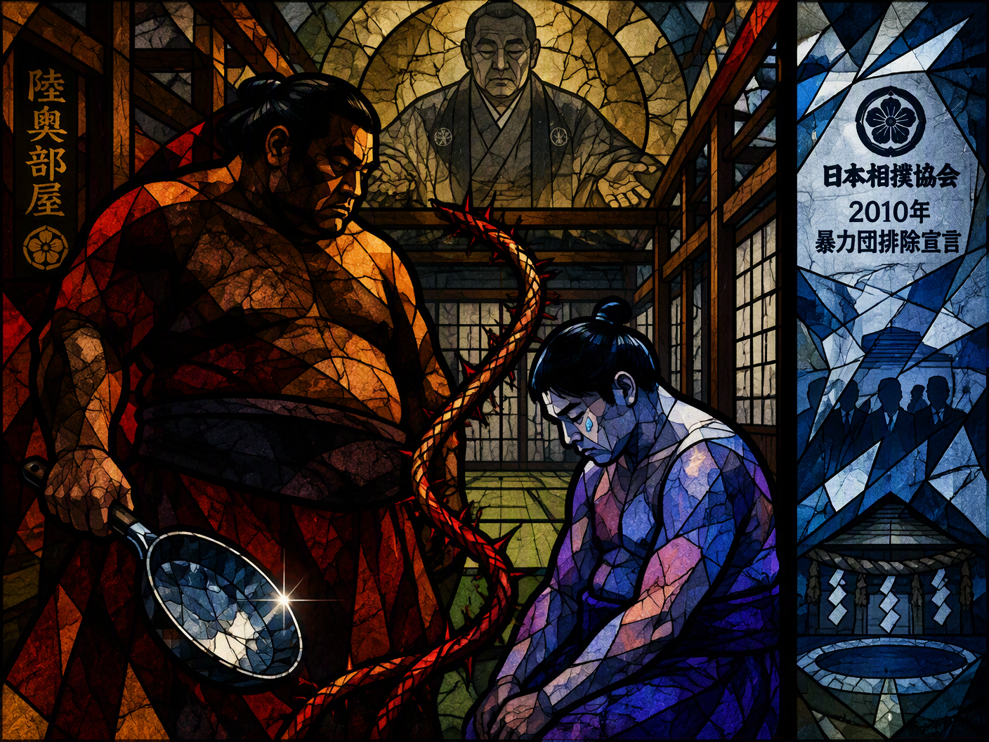 A stained-glass scene showing two sumo wrestlers in a sumo stable: the senior wrestler holds a frying pan, the younger looks subdued. A jump rope loops between them. The stablemaster is a haloed figure watching above, and shards symbolize the Japan Sumo Association's anti-yakuza policy. The colors are deep blues, ambers, and grays, with heavy black lead lines defining the tense atmosphere.