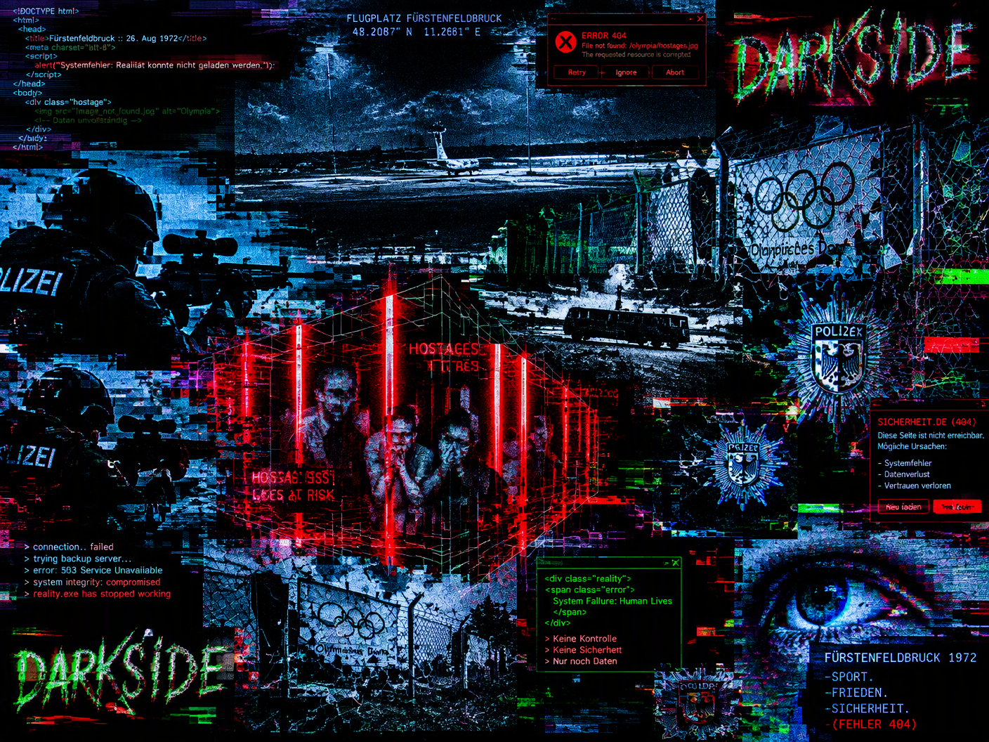 Glitch art of the failed rescue at Fürstenfeldbruck airfield showing fragmented police snipers, trapped hostages, broken Olympic Village fence, and corrupted German police symbols under a dark, glitching sky with erratic DARKSIDE neon text.
