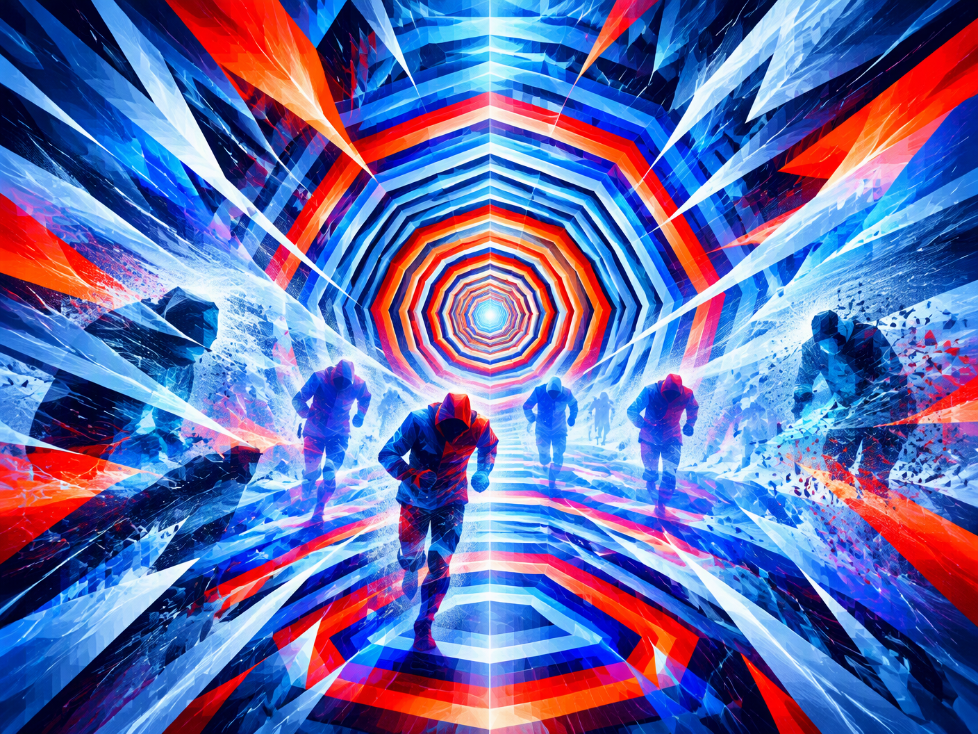 An abstract, vibrant geometric composition of concentric patterns and sharp, radiant fields in icy blues and fiery reds, symbolizing a violent storm and human vulnerability in a mountain ultramarathon tragedy.
