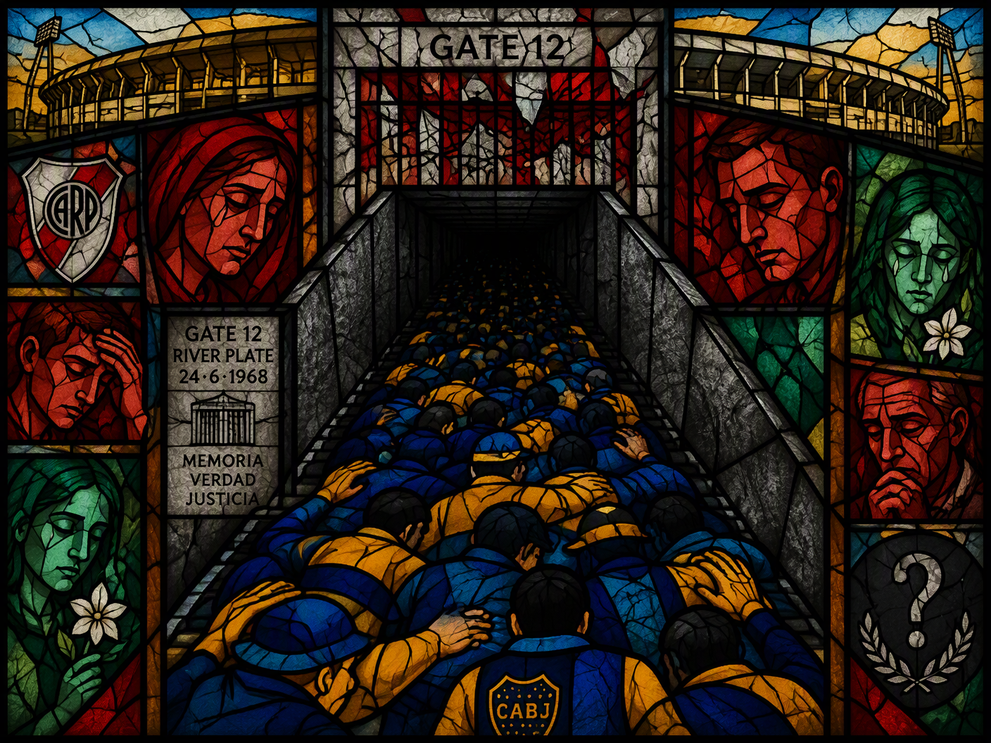 Stained-glass style image showing a dark, steeply descending tunnel crowded with overlapping jewel-toned figures symbolizing fans trapped in a fatal crush at Gate 12 of River Plate stadium. Above the tunnel, a fractured gate suggests obstruction. Surrounding panels show abstract faces of mourning in ruby and emerald glass, with the stadium’s outline in amber and blue light, evoking collective memory and unresolved tragedy.