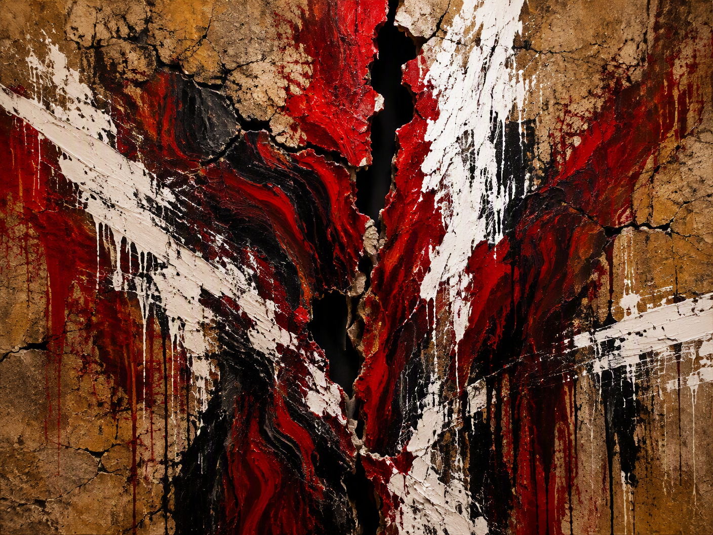 Abstract expressionist painting featuring a jagged vertical fissure breaking through a textured surface of poured red and black paint, with white streaks disrupting the color flow, symbolizing rupture and erasure in an institutional context.