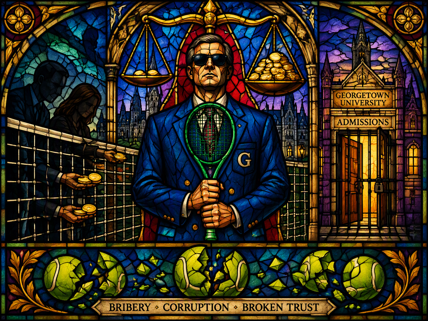 Stained-glass style image showing tennis coach figure holding a racket with scales of justice tipped by gold coins overhead, shadowy parents exchanging coins, an admissions building barred like a prison, and broken tennis balls symbolizing scandal and betrayal.
