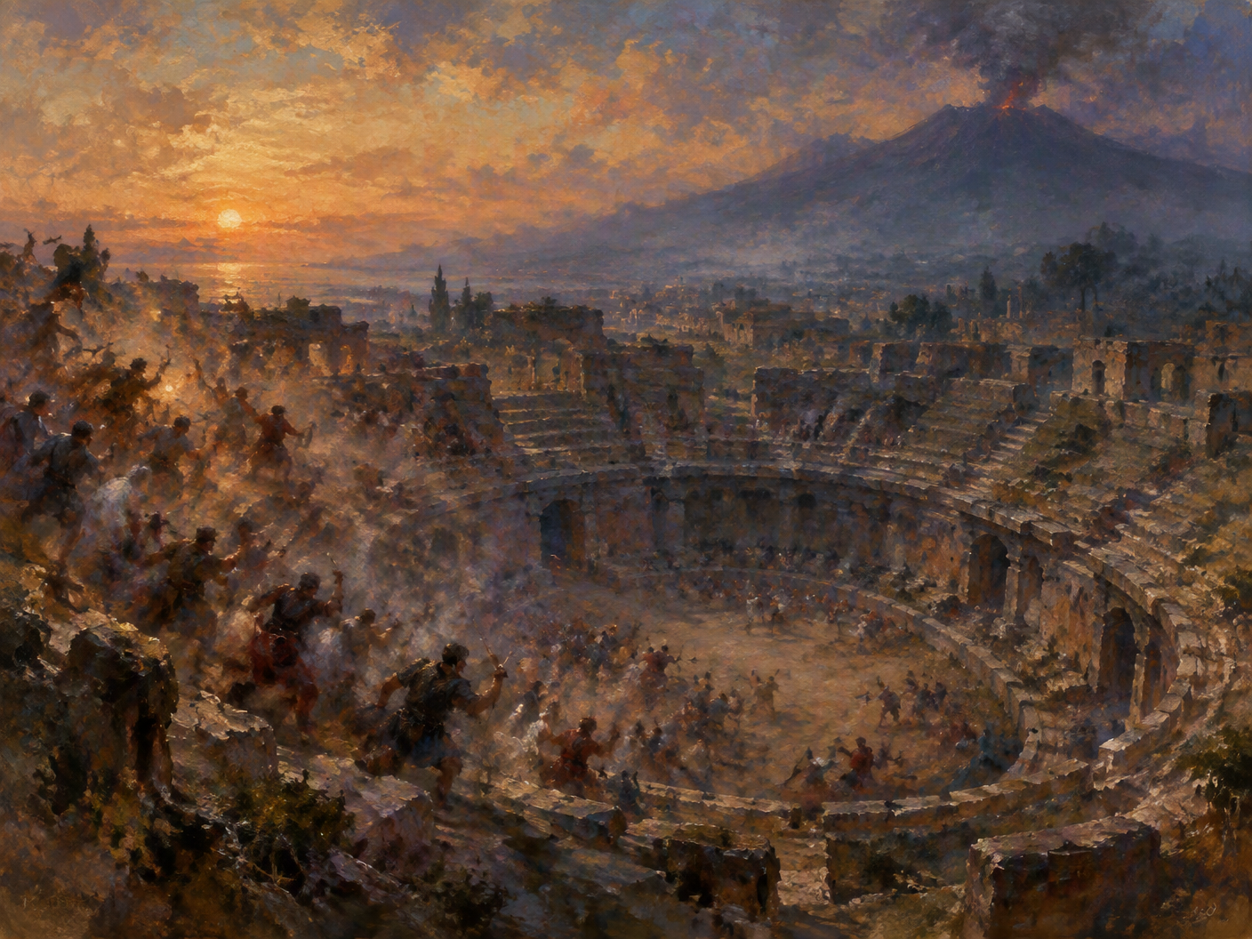 An impressionistic view of Pompeii's amphitheatre at twilight, shrouded in haze with blurred figures suggesting a violent crowd, set against the smoky silhouette of Mount Vesuvius in the background.