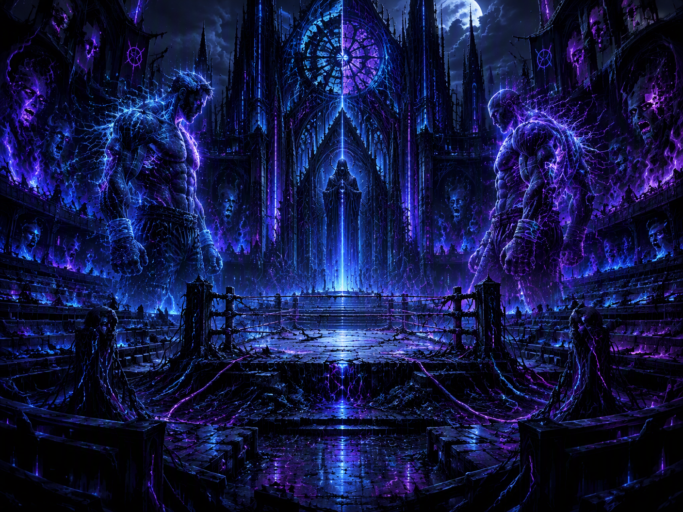 A dark, neon-lit abandoned fighting ring surrounded by spectral shadows representing a rioting crowd; two ghostly heavyweight fighters stand at the ring’s edge, their forms intertwined with glowing cables and circuits, evoking a gothic, haunted cathedral of technological ruin and lost combat.