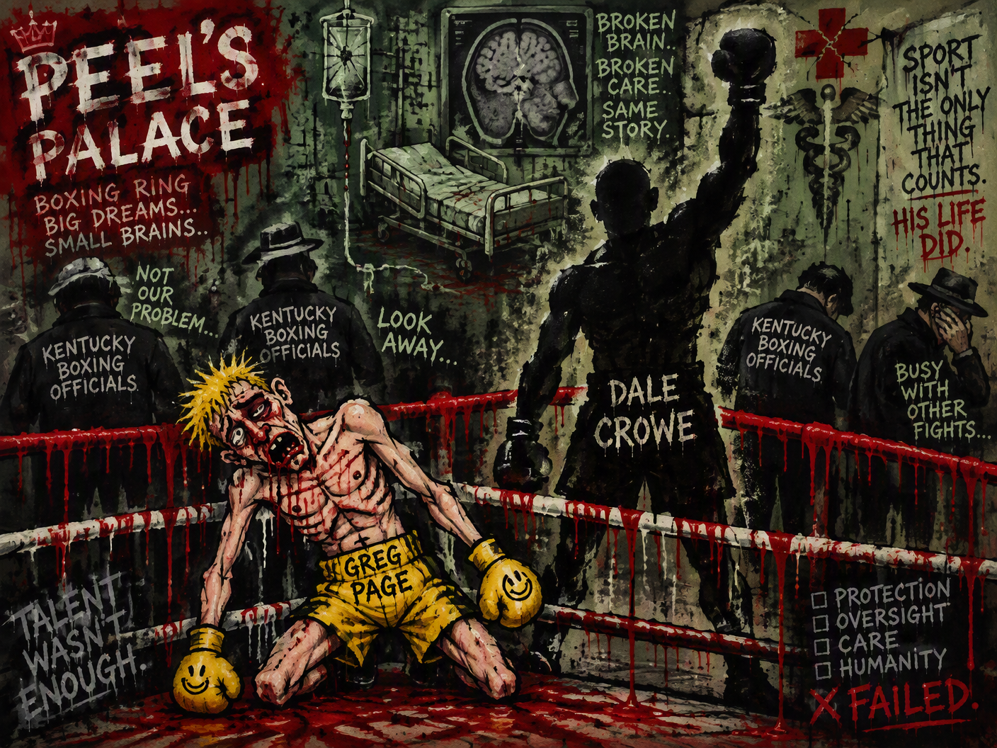 A raw urban pop graffiti scene shows boxer Greg Page collapsing in the ring after a fight at Peel's Palace, surrounded by shadowy, indifferent officials and ghostly hospital imagery in the background, painted in gritty reds and greens to symbolize injury and neglect.
