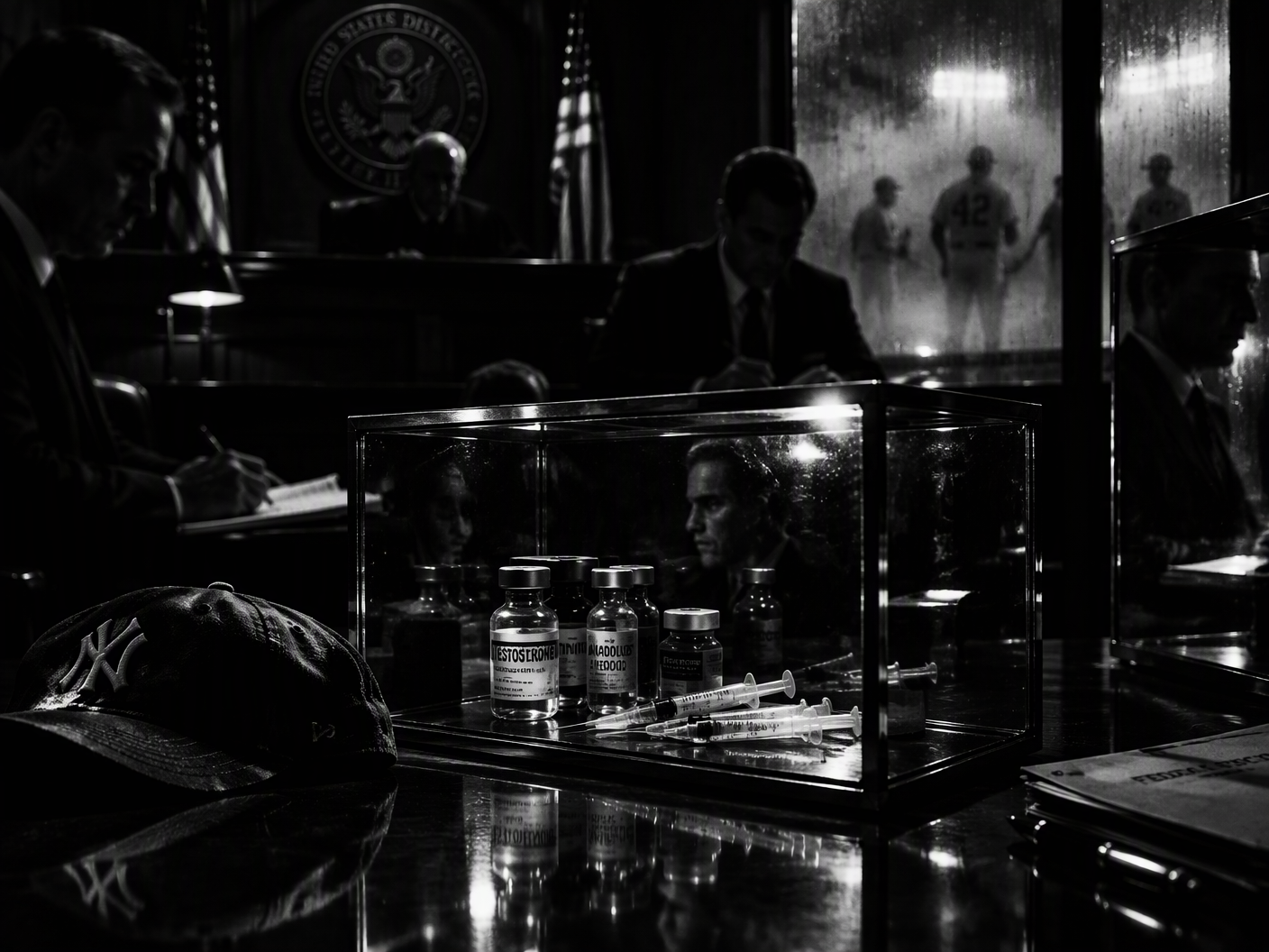 Black and white illustration of a dimly lit courtroom with an evidence box holding steroid bottles and syringes, shadowy figures in the background, a folded baseball cap on the table, and blurred baseball players beyond a fogged window, evoking secrecy and tension.