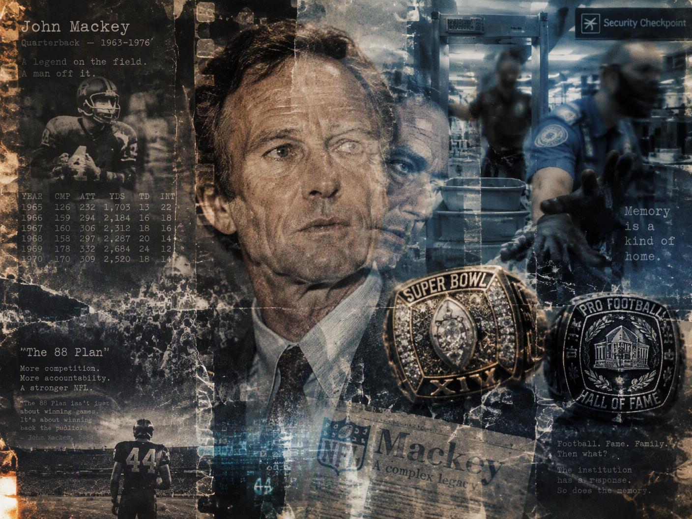 Photo collage showing a distressed, grainy portrait of John Mackey overlaid with images of airport security guards, metal detector, and his football rings, blending fragmented and damaged textures to symbolize dementia and the clash between personal identity and institutional procedures.