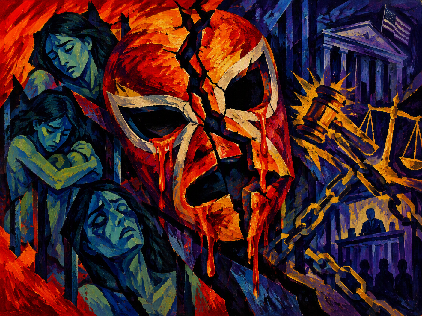 A Fauvist painting featuring a cracked wrestling mask bleeding fiery reds and oranges at the center, surrounded by anguished, flattened female figures in blue and green hues trapped within jagged geometric prison-like shapes, set against a background fading from red to dark indigo, symbolizing the emotional and legal turmoil of Hardbody Harrison's conviction.