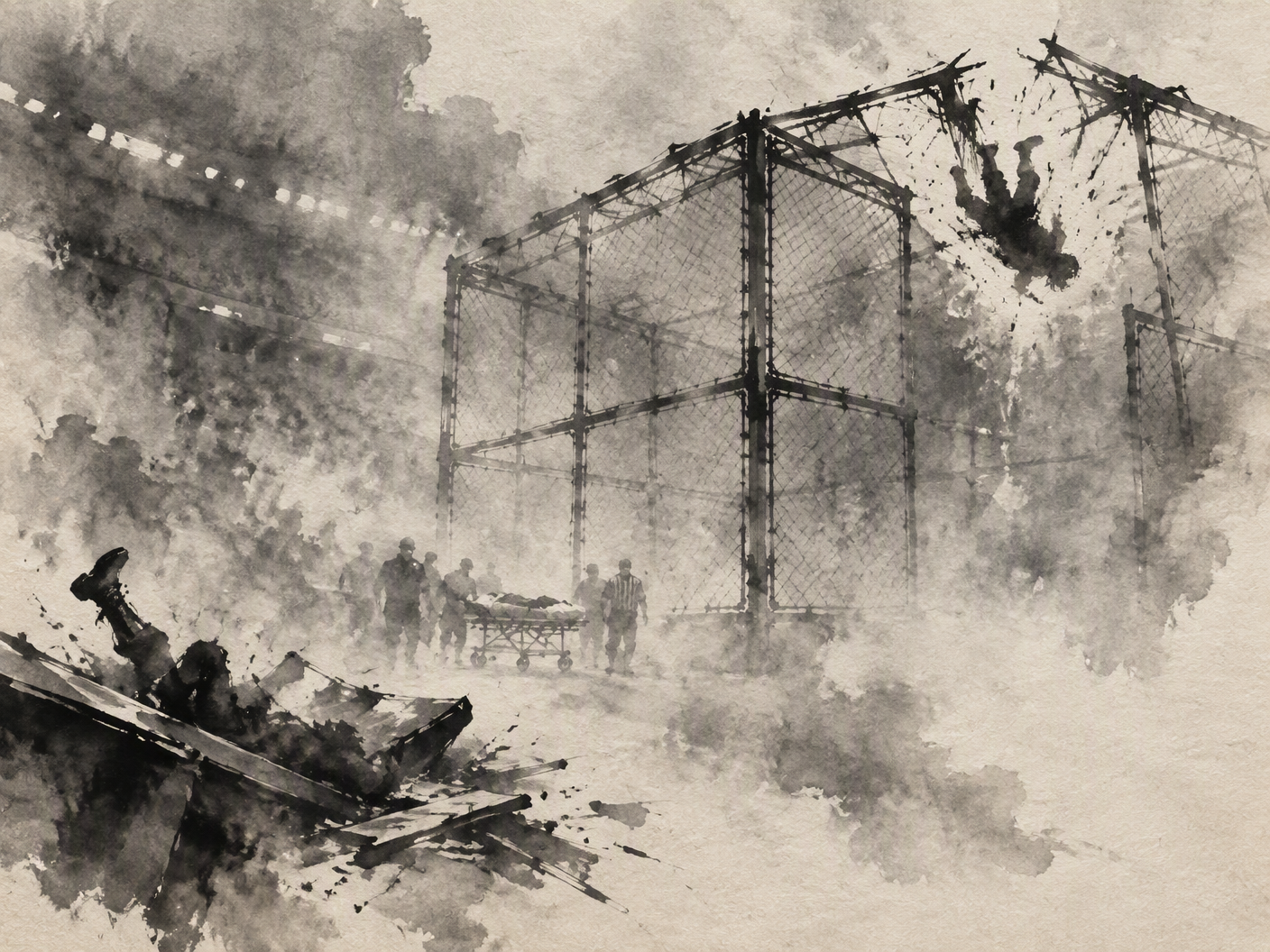 Ink wash painting showing fragmented outlines of a metal cage with two ghostly human figures falling through breaks in the structure, surrounded by mist and empty space, symbolizing the dramatic falls and enduring fight in the 1998 Hell in a Cell wrestling match.