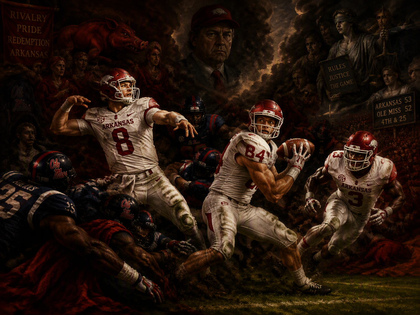 Baroque-style dramatic scene of Arkansas quarterback Brandon Allen throwing a pass under intense pressure with teammate Hunter Henry catching and preparing to lateral backward to Alex Collins, framed by dark shadows representing rivalry and the specter of Houston Nutt, with theatrical lighting emphasizing tension and movement on a football field.