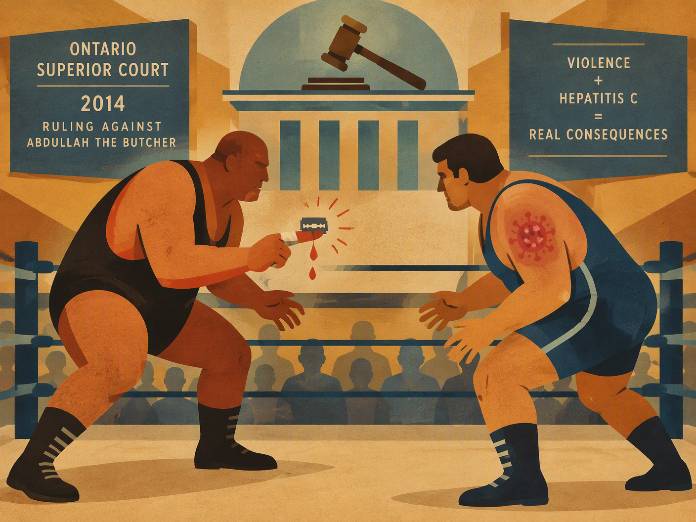 Mid-century modern style illustration of two simplified wrestlers in a ring, one with a razor blade taped to his finger glowing red, the other with a subtle virus symbol near his arm, set against geometric shapes suggesting a courtroom with a gavel icon above, symbolizing the $2.3 million hepatitis C civil judgment.