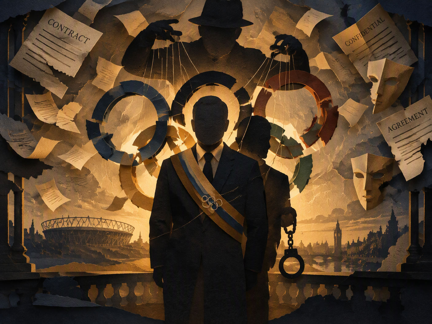 Silhouette cut-paper scene showing an arrested Olympic official and shadowy intermediary manipulating fragmented Olympic rings, with layered torn contract papers suggesting hidden agreements in a shadow theatre style.