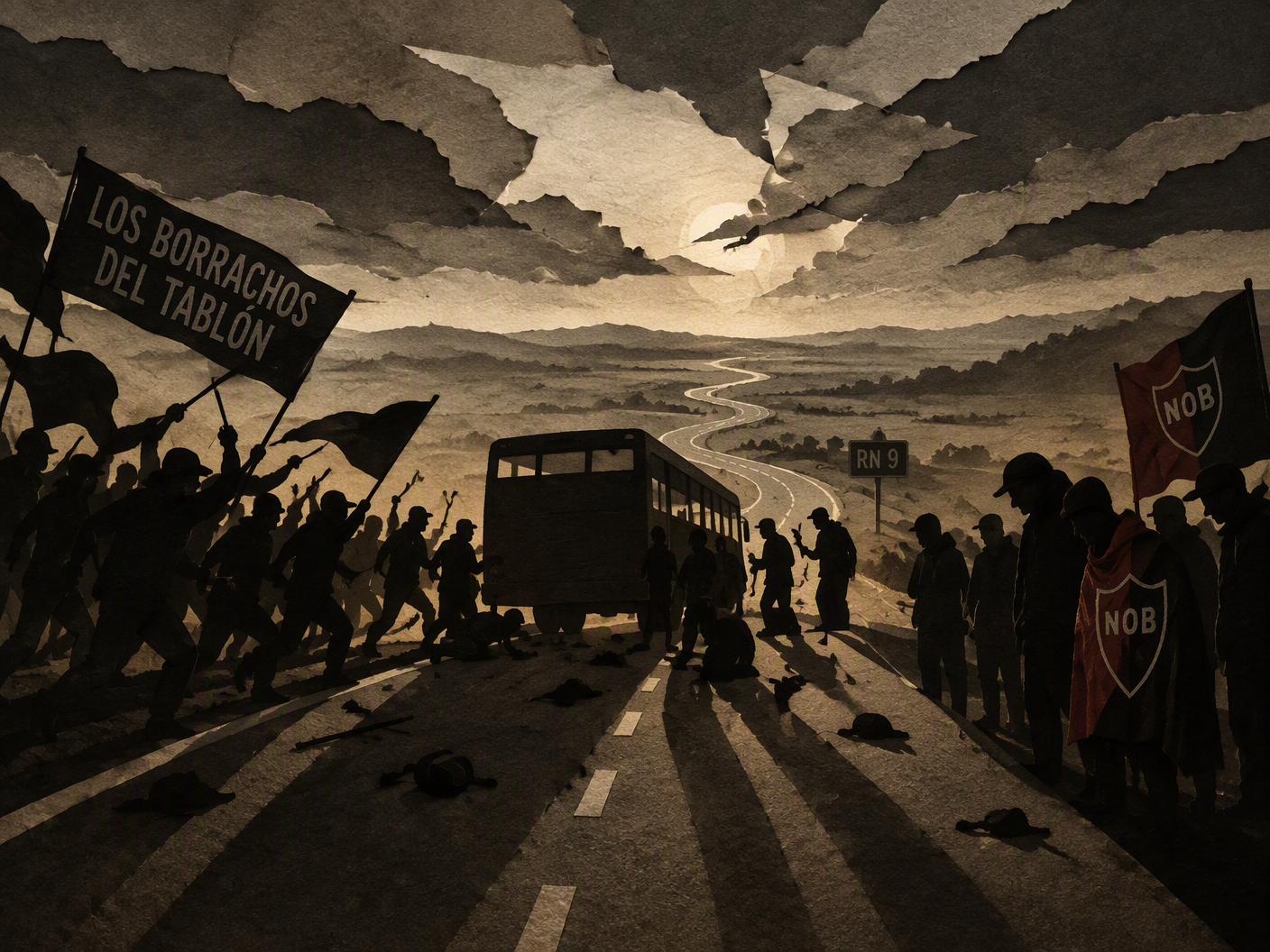 Silhouette cut-paper artwork depicting a dark, winding highway with a bus and shadowy figures confronting each other, evoking a tragic clash between River Plate’s Los Borrachos del Tablón and Newell’s supporters in 2003.