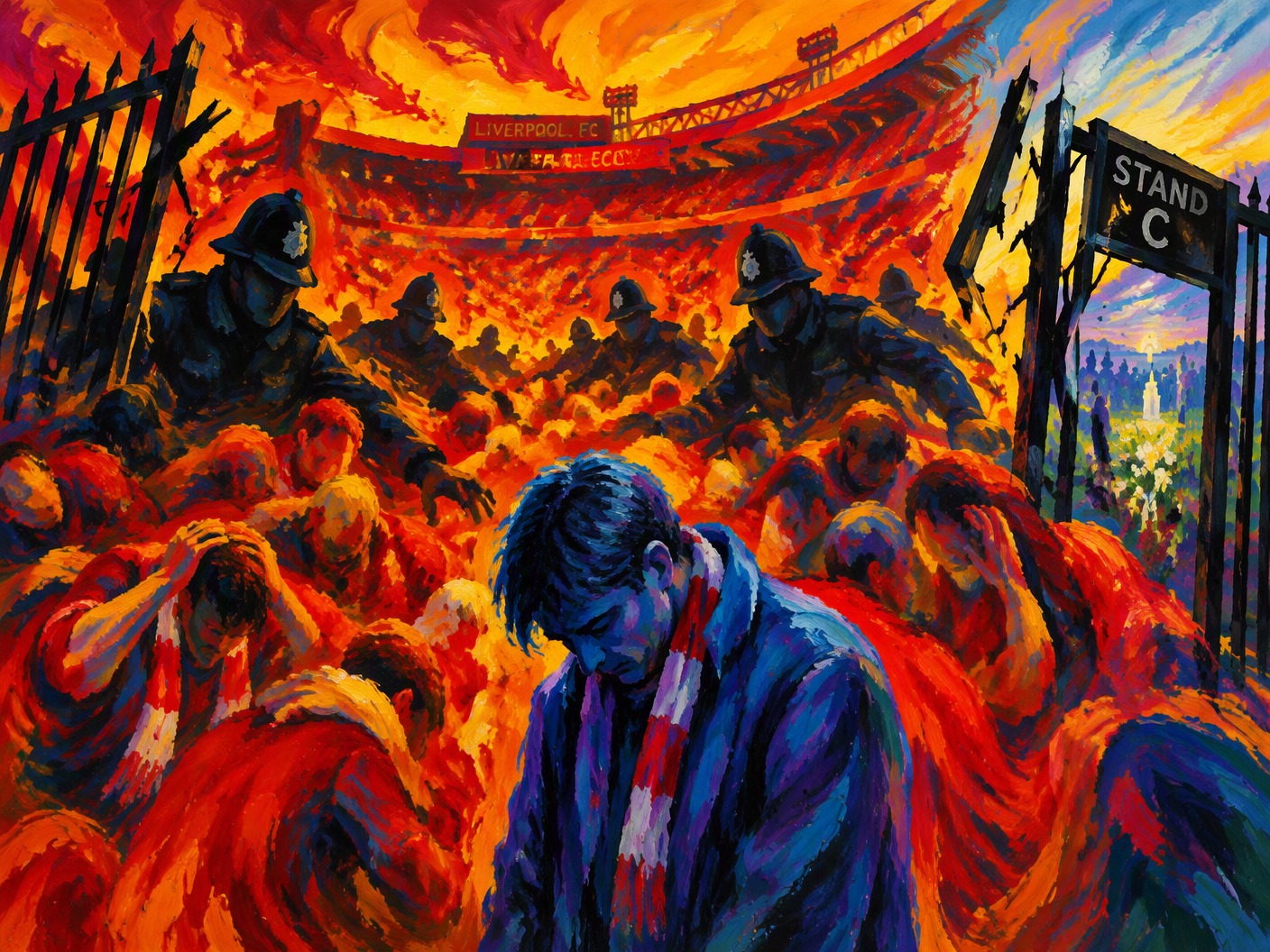 Fauvist editorial painting of a chaotic stadium with fiery colors and shadowy police figures towering over merged, anguished fans, a fractured gate in black jagged strokes, and a solitary, grieving survivor in cool tones in the foreground.