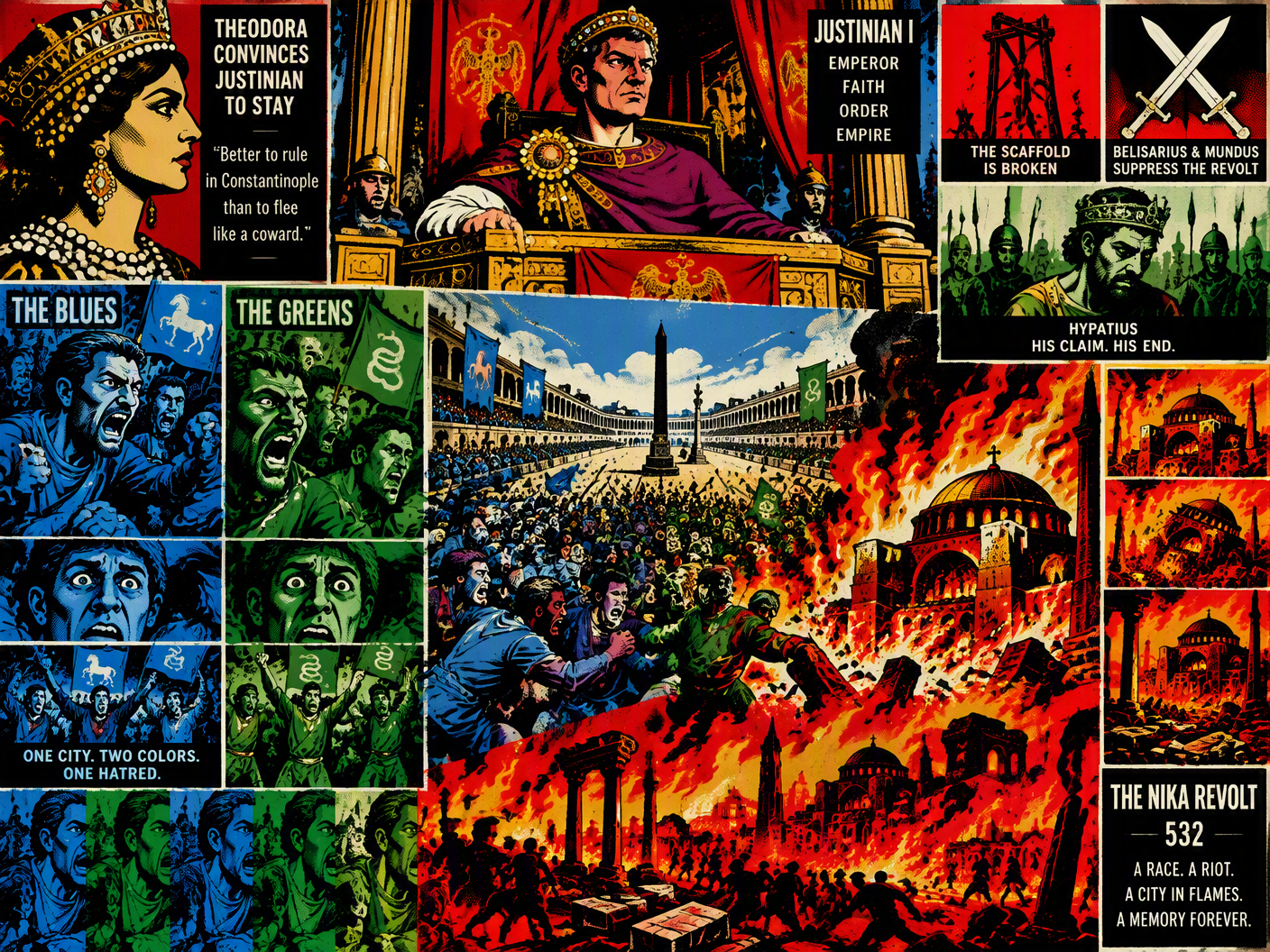Pop Art style image showing Emperor Justinian I watching from his palace box as the angry factions of Blues and Greens riot in the Hippodrome, flames and ruined buildings around; Empress Theodora appears boldly, and soldiers led by Belisarius arrest the rebel leader Hypatius in a dramatic layered composition.