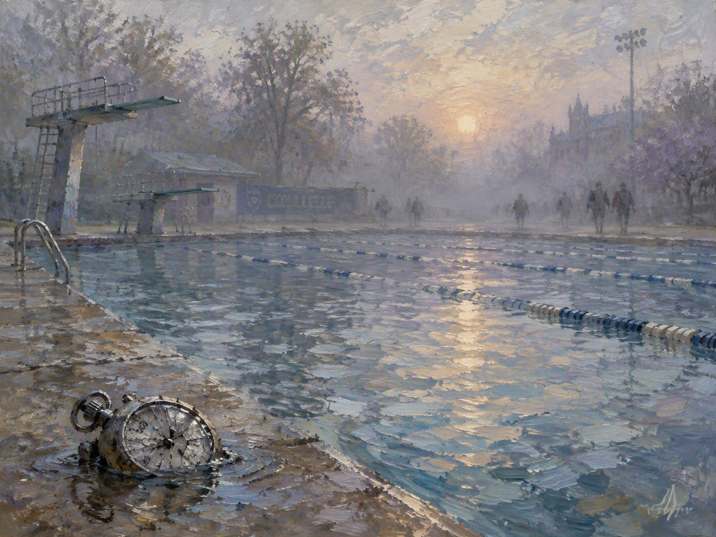 Impressionist painting of a foggy early morning at a collegiate swimming pool, with empty diving boards and muted reflections on the water, conveying a somber, fleeting moment after a scandal led to the suspension of the teams.