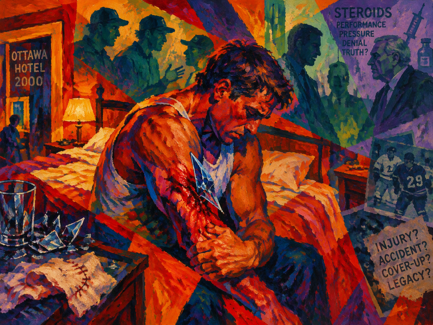 Abstract Fauvist painting showing a jagged glass shard embedded in an injured arm inside a distorted hotel room, surrounded by shadowy figures symbolizing teammates and conflict, rendered with fiery reds, oranges, and purples expressing emotional and psychological turmoil.