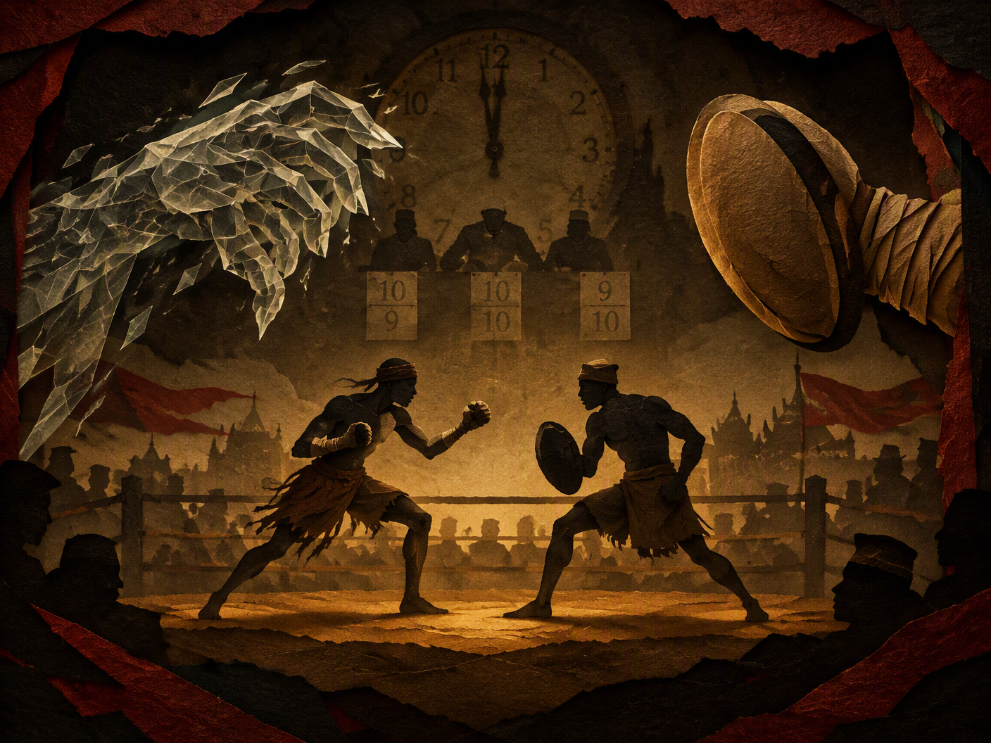 Silhouette cut-paper art showing a Dambe fighter’s two hands—one a jagged glass-like striking hand depicted as a delicate translucent shard, the other a smooth shield hand—set against a layered shadow play backdrop with subtle clock and scorecard imagery, evoking the sport’s transition from raw tradition to regulated contest.