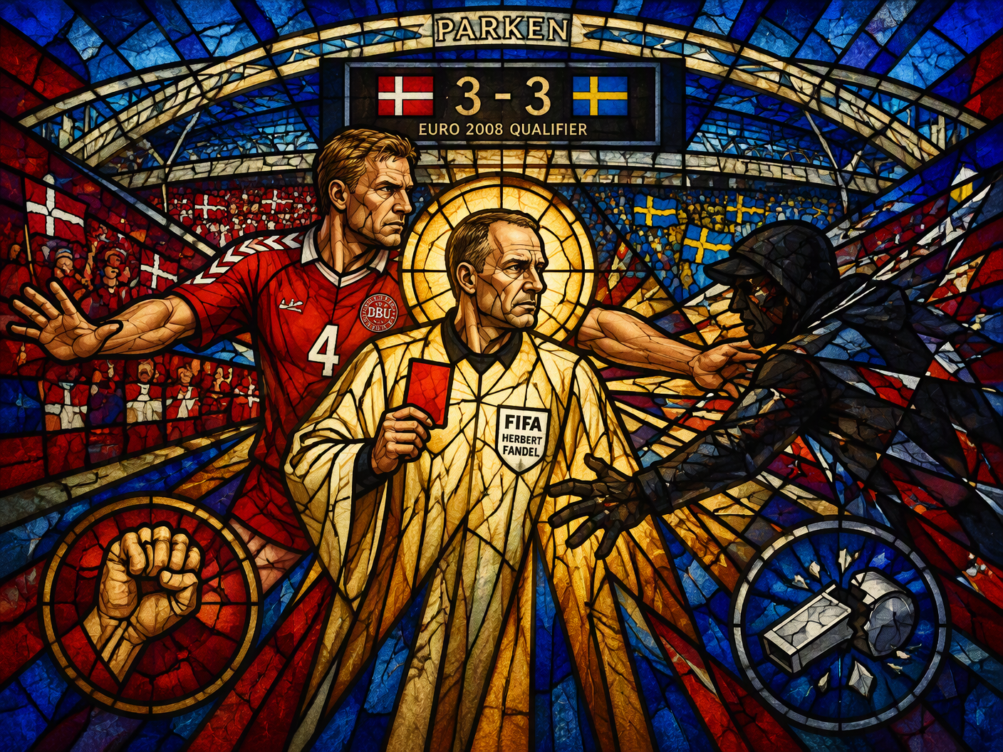 Stained-glass style image showing referee Herbert Fandel surrounded by Danish players protecting him from an approaching shadowy spectator figure on the Parken Stadium pitch, with jewel-toned glass fragments symbolizing the halted Euro 2008 qualifier match.
