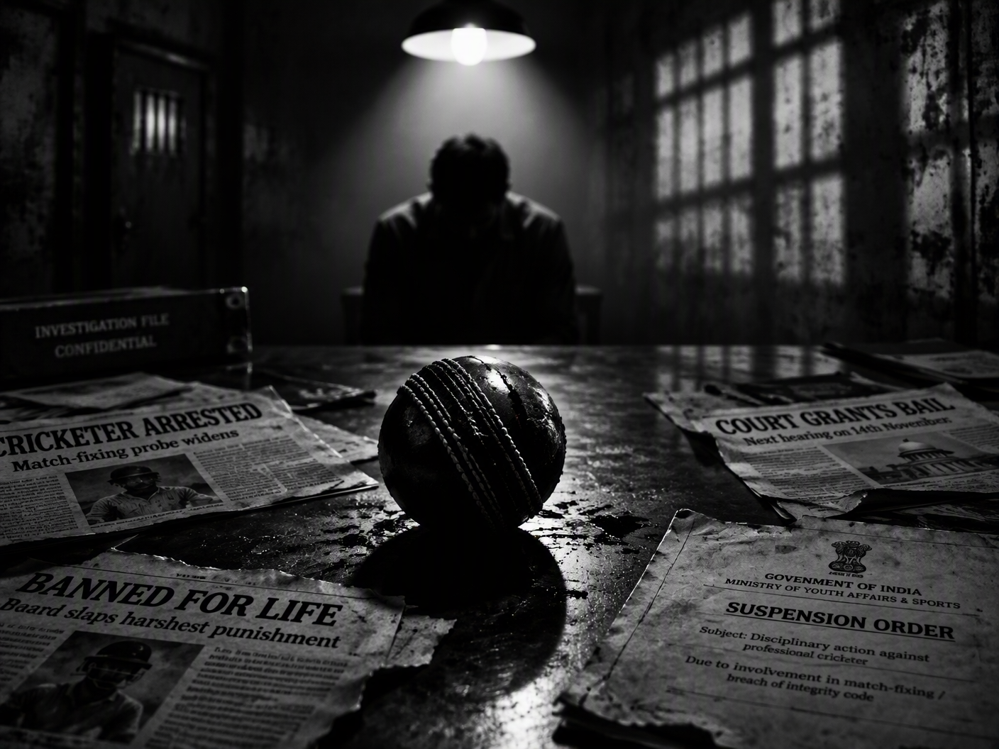 Black-and-white film noir style image showing a cracked cricket ball under a harsh spotlight on a metal table, with a blurred figure sitting shadowed in the background, barred window shadows on the wall, and scattered faded documents and newspaper fragments surrounding the ball, symbolizing the complex and ambiguous intersection of criminal arrest, sports bans, and unresolved justice in the IPL spot-fixing case.