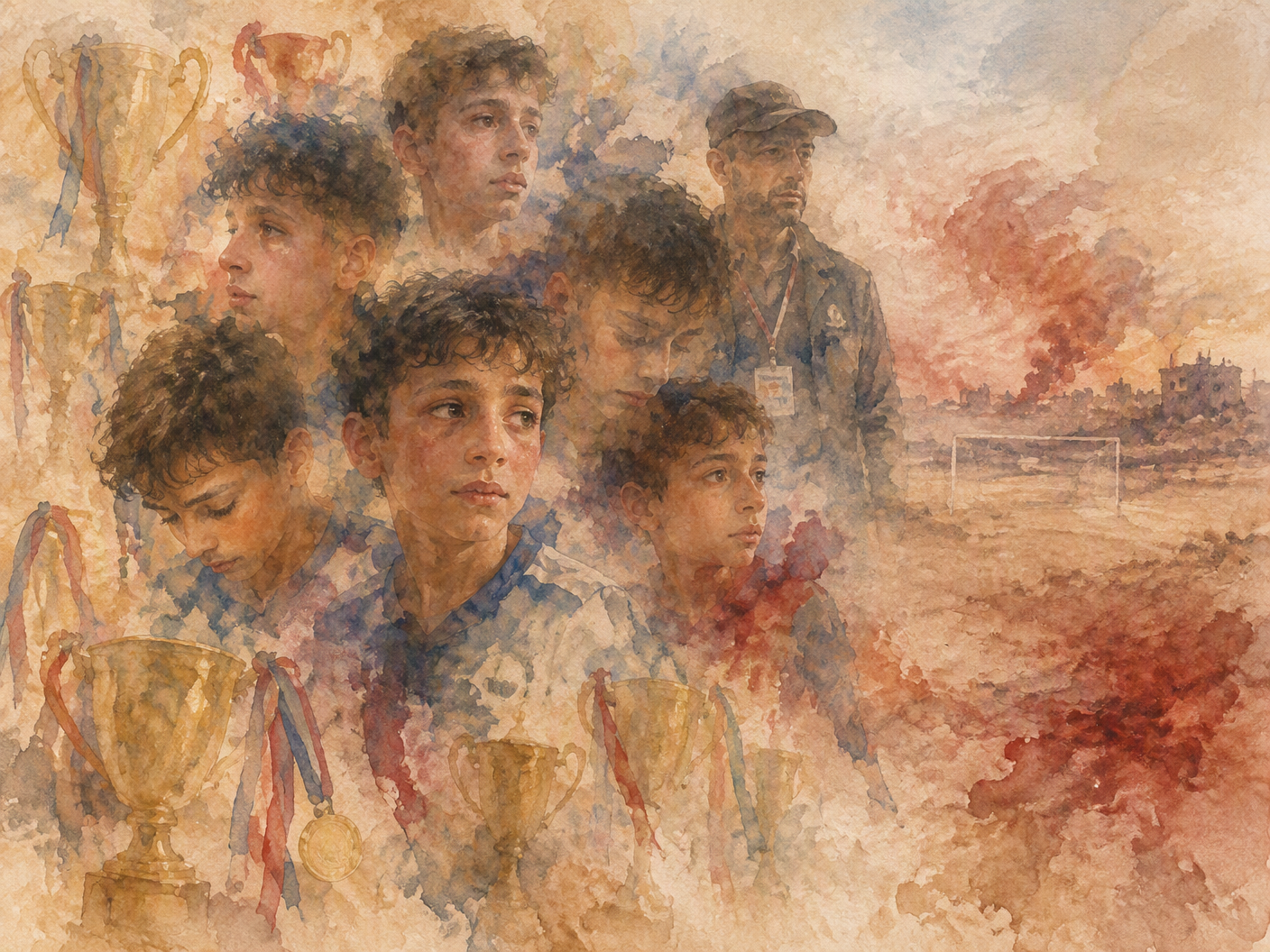 Watercolor painting showing overlapping translucent faces of young boys and a fading figure of an official, surrounded by ethereal trophies and soft muted earth tones, evoking the fragile memory and loss from the Al-Asriya football ceremony bombing.