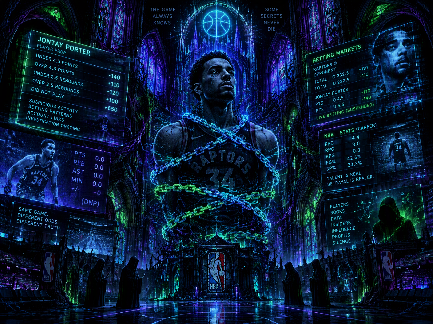 A gothic neon cathedral resembling a basketball arena with glowing circuit arches and organic cables. In the center, a ghostly figure representing Jontay Porter is bound by luminous chains of code. Around him flicker holographic screens showing betting odds and basketball stats. The palette features vibrant blues, purples, and greens against dark shadows, conveying a haunting fusion of sports scandal and technological ruin.