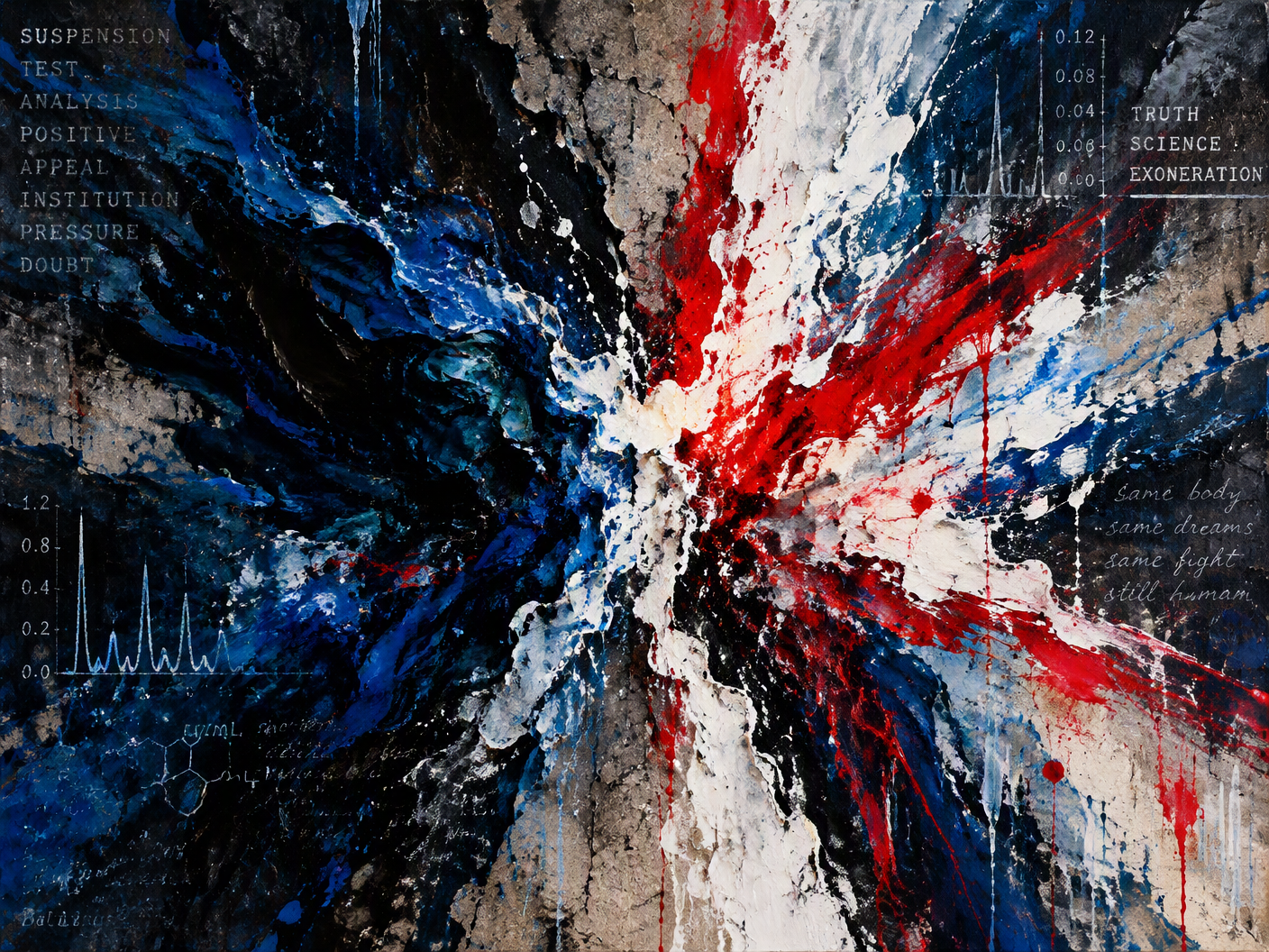 Abstract painting with bold, poured strokes and rough textures in blues, blacks, whites, and reds. The composition feels like pressure breaking through a raw surface, evoking emotional turbulence and clarity amid conflict.