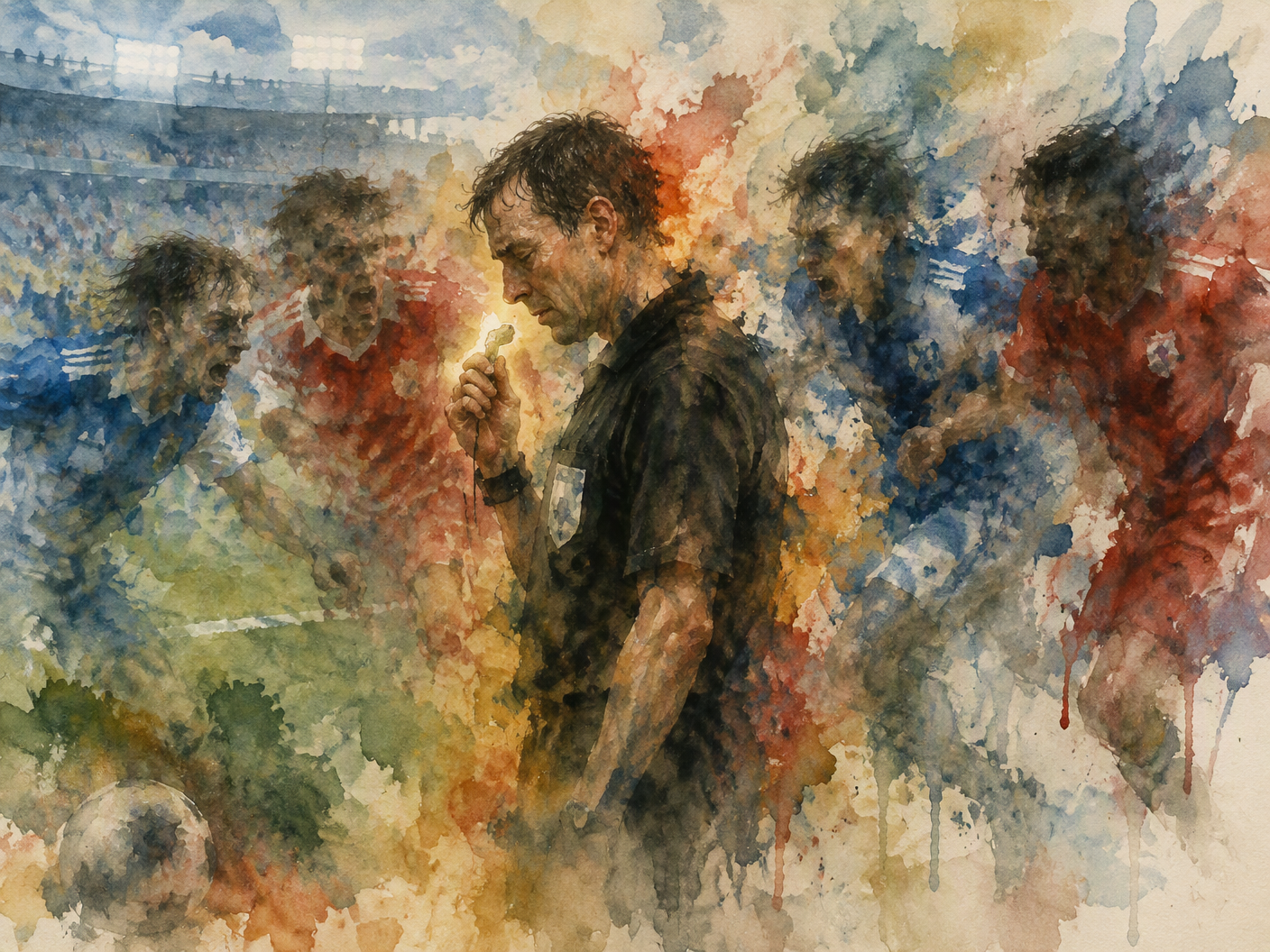 A watercolor painting showing a solitary male referee with a vulnerable expression in the center, surrounded by four blurred, dissolving figures of football players advancing aggressively. The background is a hazy stadium scene in translucent layers of blue, green, and red washes, emphasizing emotional tension and fading memory.