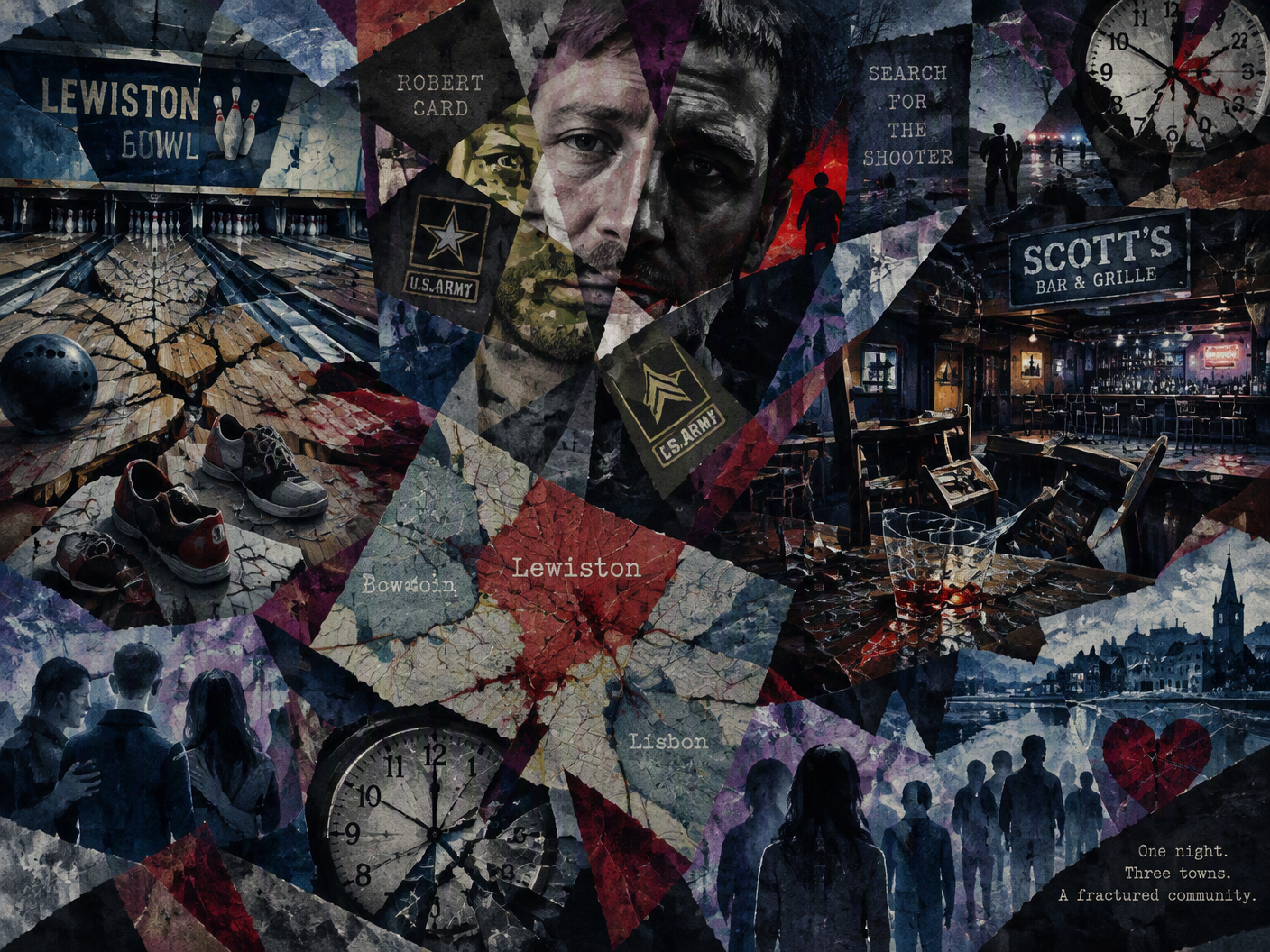 Abstract cubist collage showing fractured views of a bowling alley and a bar with shattered objects, a broken portrait of Robert Card with military insignia, fragmented maps of Maine towns, broken clocks, and shadowy outlines of victims, using cold muted tones with sharp reds to express tragedy and fear.
