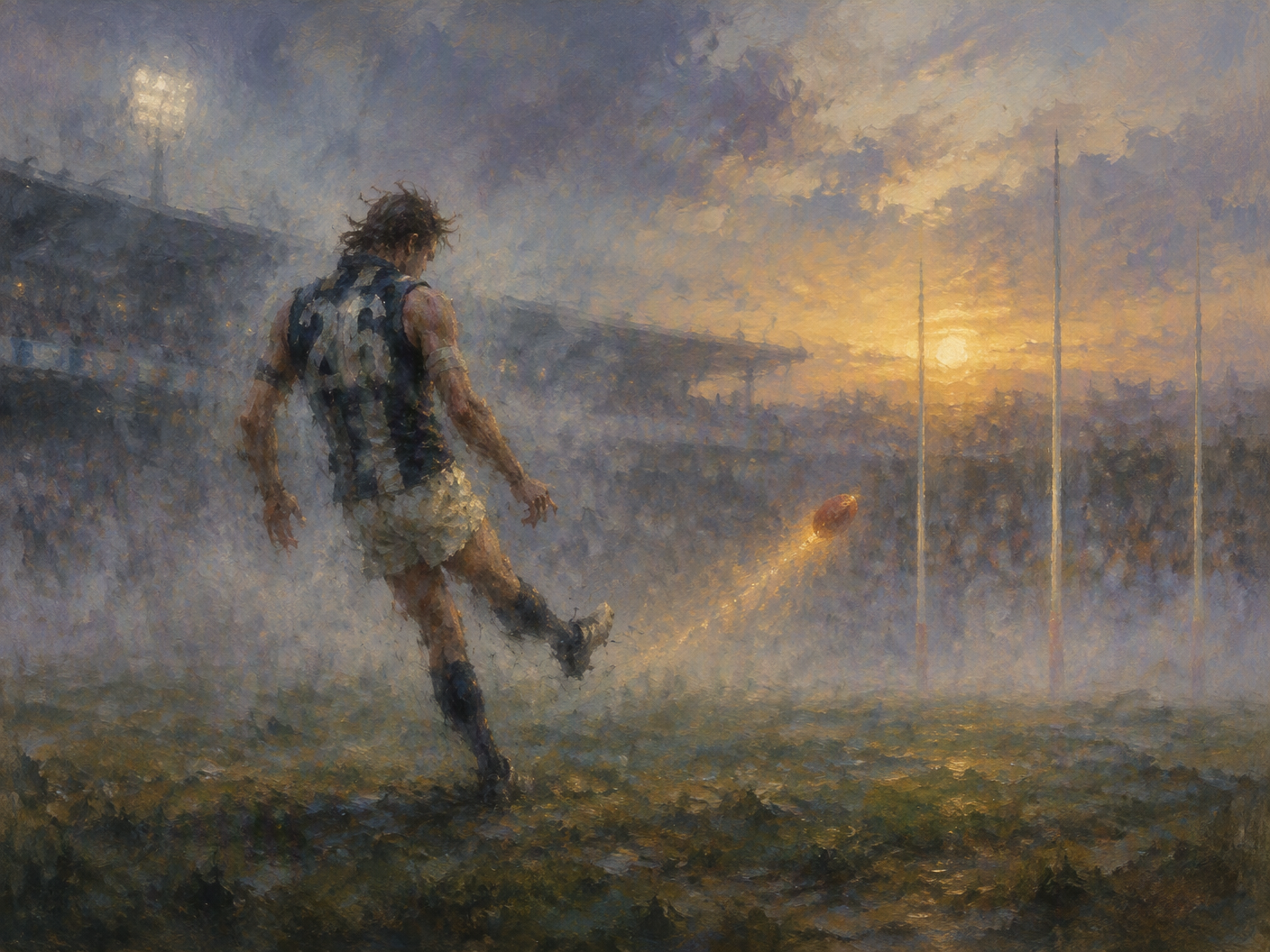 Impressionist painting of Michael Hurley kicking a goal in his final AFL game, surrounded by a misty, hazy stadium atmosphere, capturing the fleeting and fragile nature of his return from serious illness.