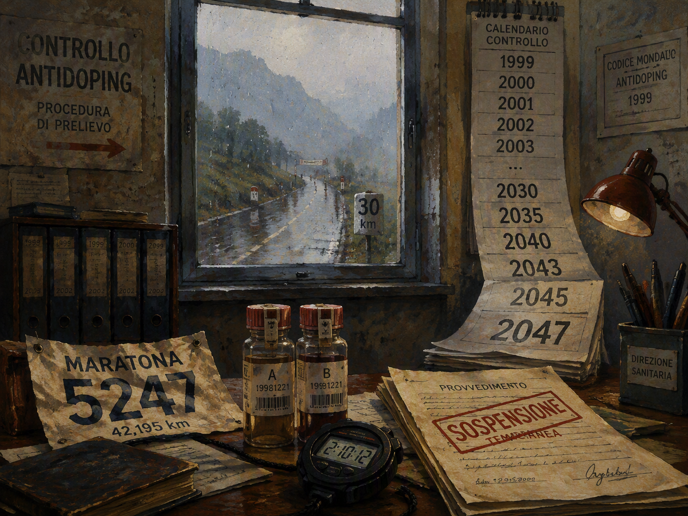 A textured gouache-and-charcoal illustration of an anti-doping office desk with sample vials, a marathon bib, a stopwatch reading 2:10:12, stamped suspension papers, and a calendar extending toward 2047; a misty mountain road appears through a narrow window.