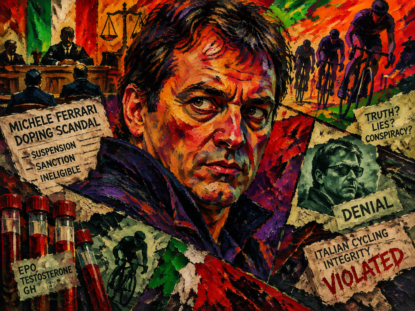 Fauvist-style digital painting of Michele Ferrari’s anguished face in fiery reds and purples with fragmented legal papers and cycling silhouettes in the background, symbolizing his doping trial, denial, and lifetime ban.