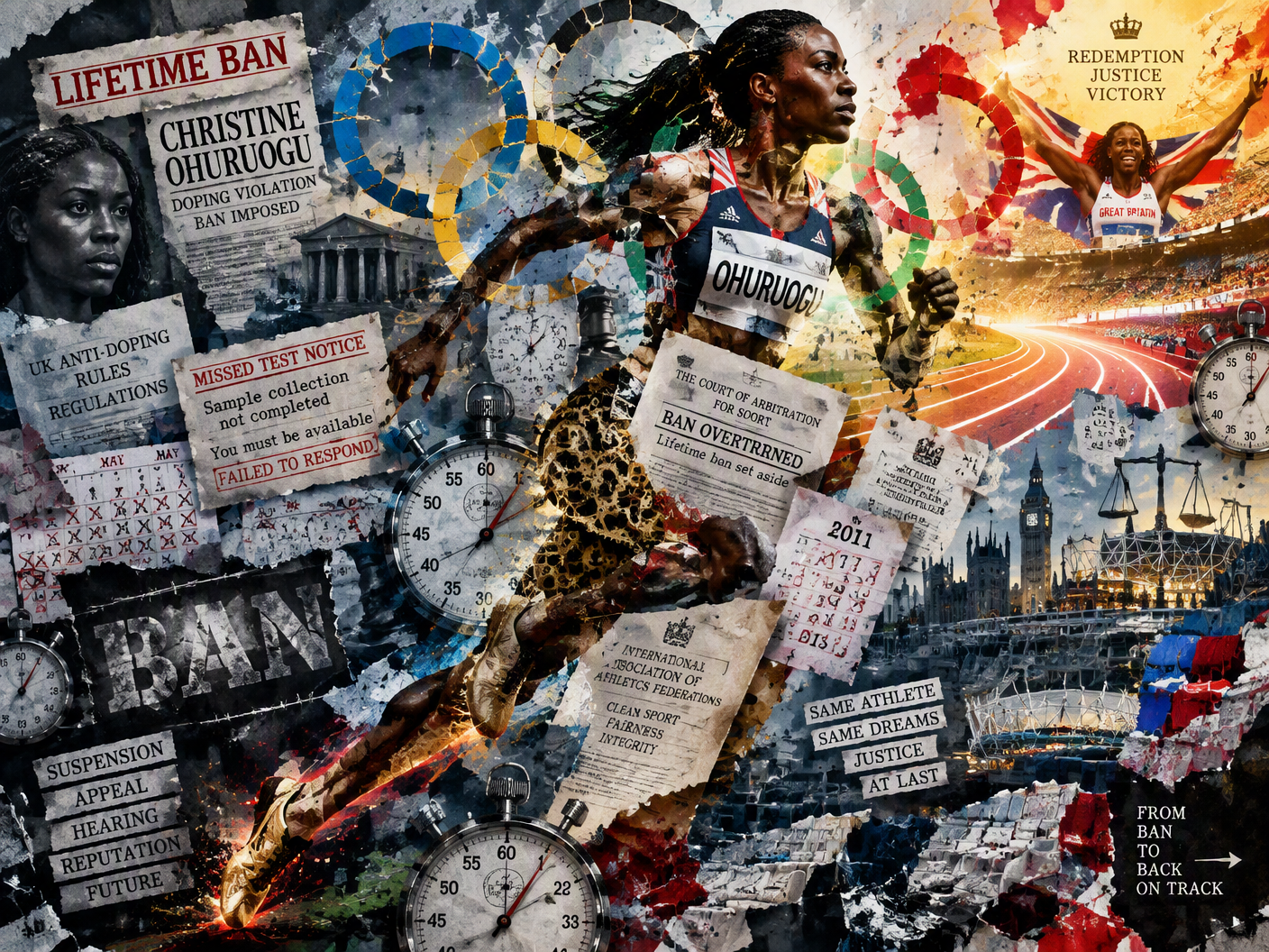A distant silhouetted female runner crosses a red track while painted calendar forms and clock hands merge with lane lines beneath harsh floodlights.