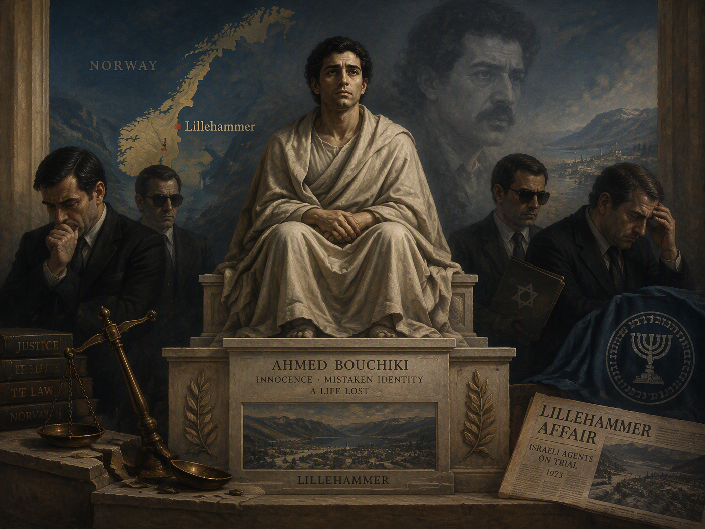A neoclassical oil painting showing a formal monument to Ahmed Bouchiki with allegorical figures of Mossad agents and symbols of justice, set against a backdrop featuring a map of Lillehammer, Norway, evoking the tragic 1973 mistaken assassination.