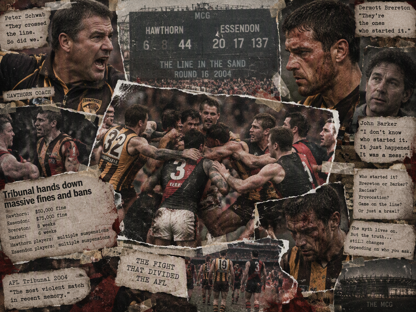 Grainy, torn 35mm collage of AFL players from Hawthorn and Essendon in a chaotic brawl during the 2004 ‘Line in the Sand’ match, with layered cutouts of coaches and players overlaid by faded tribunal fines text and a faded scoreboard background showing the score disparity.