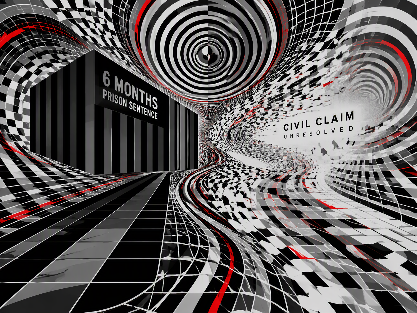 Abstract black and white warped grid with concentric shapes symbolizing legal duality; one side forms a solid block representing the six-month prison sentence, the other dissolves into fragmented lines symbolizing the unresolved civil claim, all rendered in an Op Art style with optical vibration and a sense of motion.