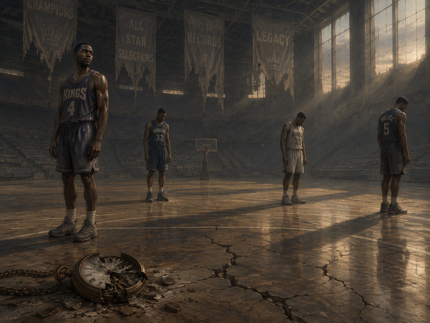 Four somber classical figures stand apart in a deserted, cracked basketball arena beneath fading, empty banners, bathed in muted tones and long shadows, symbolizing loss and solitude after scandal erased Michigan basketball’s celebrated records.