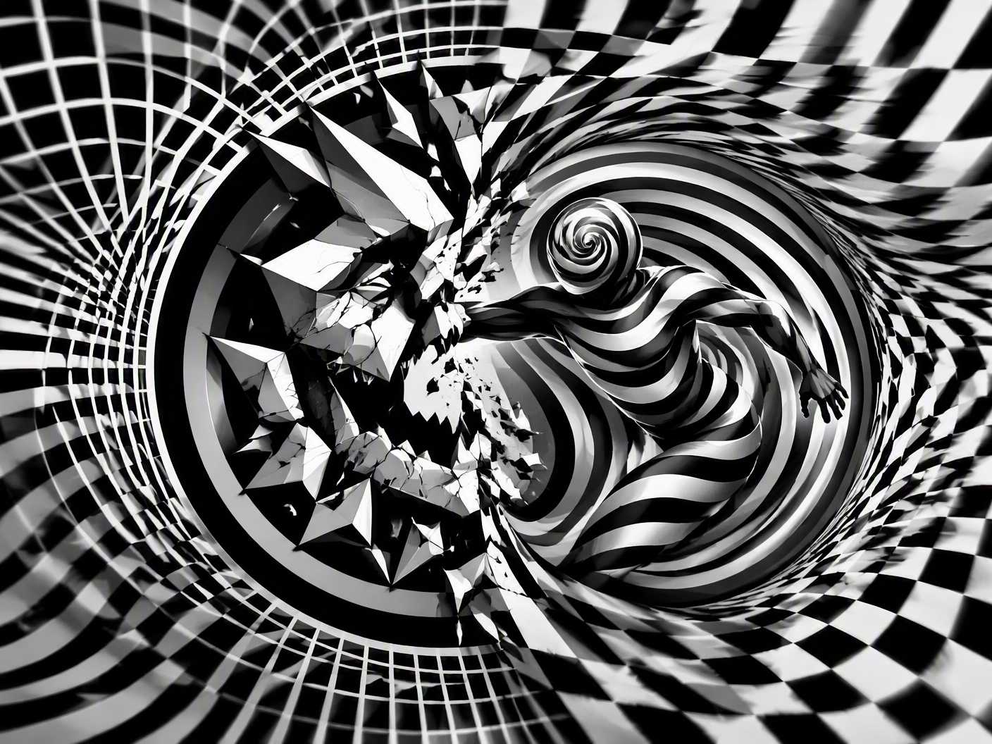 Hypnotic black-and-white warped grids and concentric forms in Op Art style depict a fractured, pulsating scene symbolizing the locker room conflict between Jets and Bills players and the rapid roster transaction that followed.