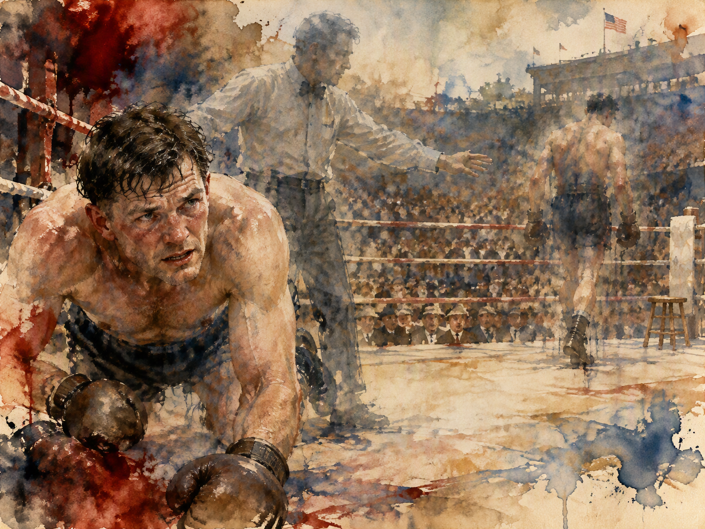 Watercolor painting of Gene Tunney struggling to rise near ropes as Jack Dempsey walks away toward a neutral corner, with a ghostly referee between them, symbolizing the paused count and controversy in the 1927 boxing rematch.