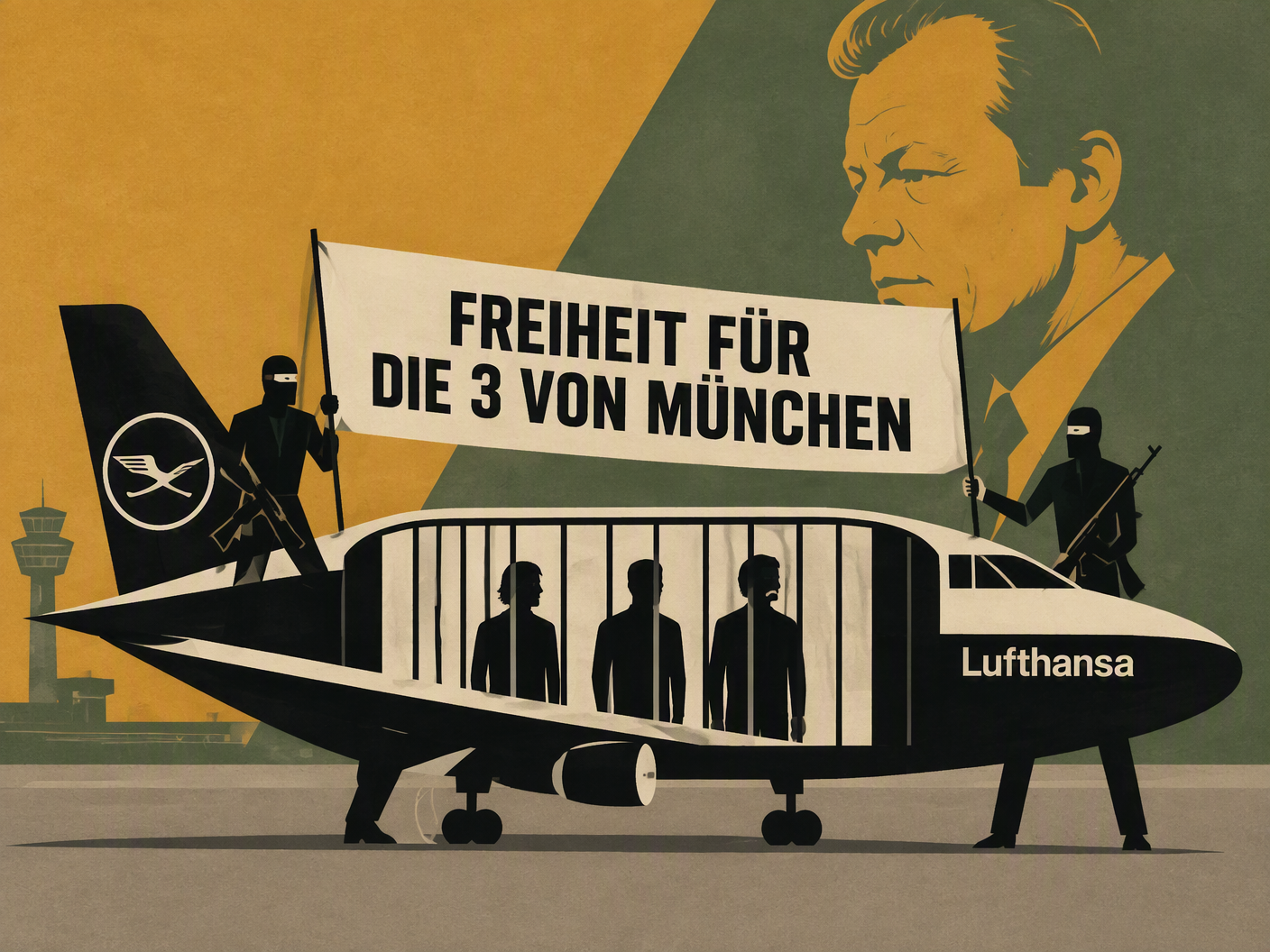 Mid-century modern illustration of a Lufthansa airplane shaped like a cage holding three silhouetted men behind bars, guarded by two angular hijacker figures holding a demand banner, with Chancellor Willy Brandt’s profile in the background, symbolizing the 1972 hijacking and prisoner release after the Munich massacre.