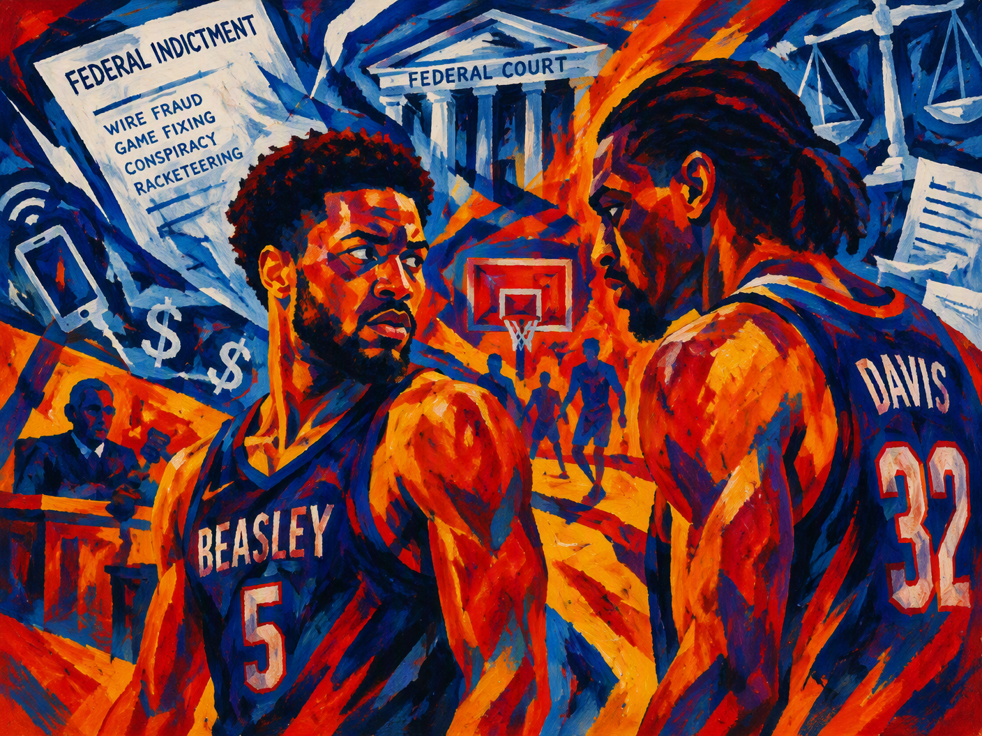 An abstract Fauvist painting showing two basketball players, Malik Beasley and Ed Davis, on a distorted court, painted with intense reds and oranges symbolizing tension and scandal, surrounded by abstract shapes representing legal papers and a courtroom atmosphere.